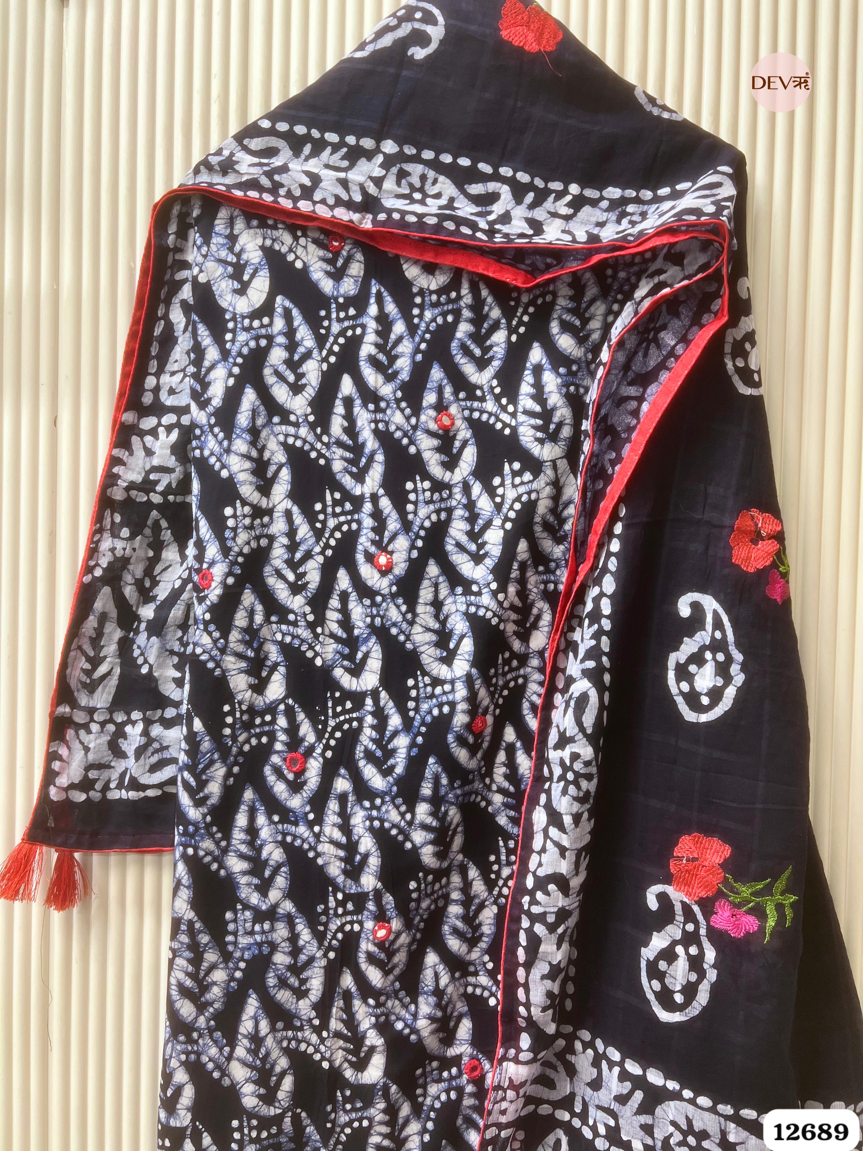 Navy Blue Cotton Batik Printed Unstitched 3-Piece Suit (Devri – D.No 12689)