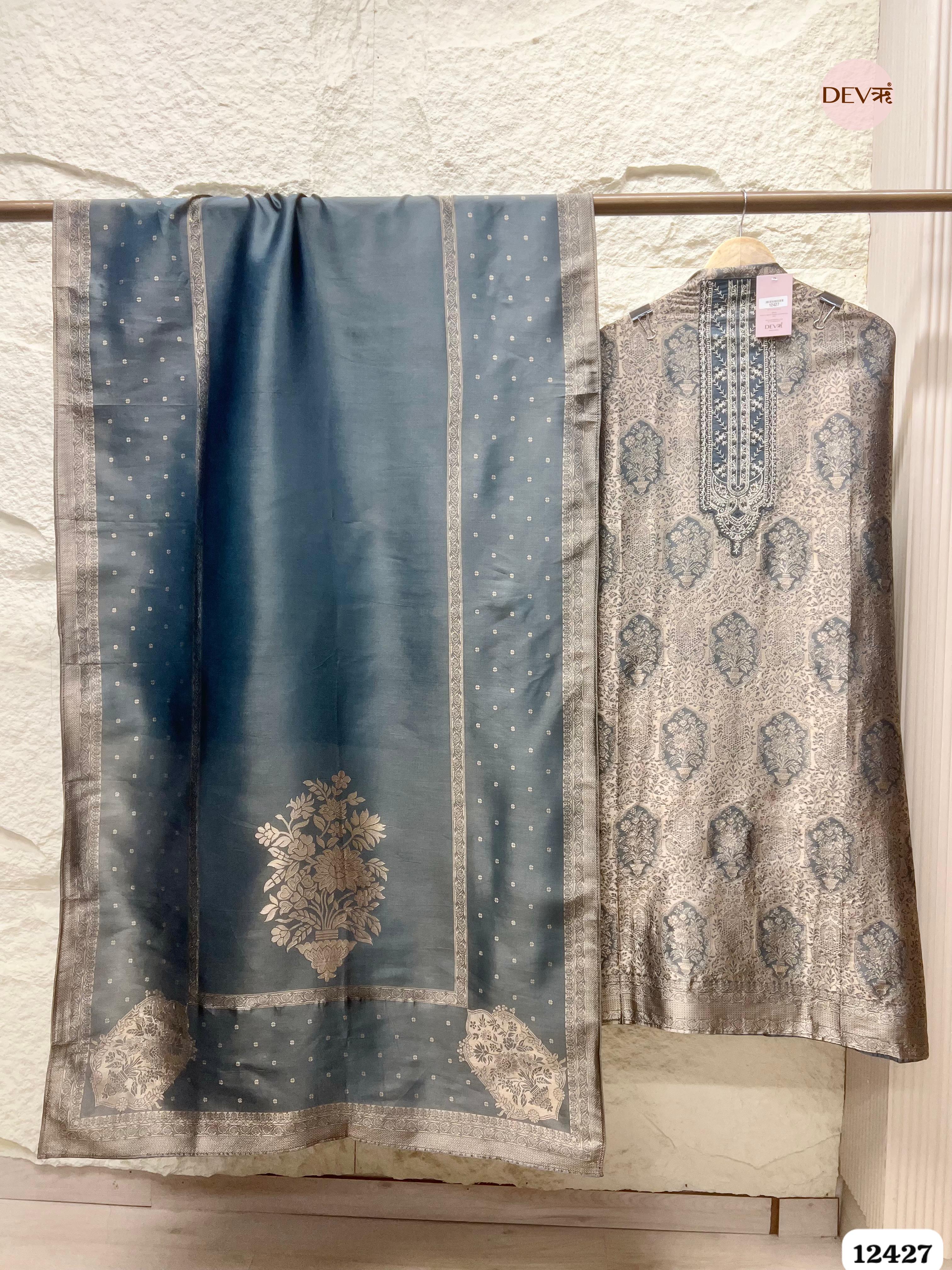 Slate Grey Banarasi Silk Printed Unstitched 3-Piece Suit (Devri – D.No. 12427)