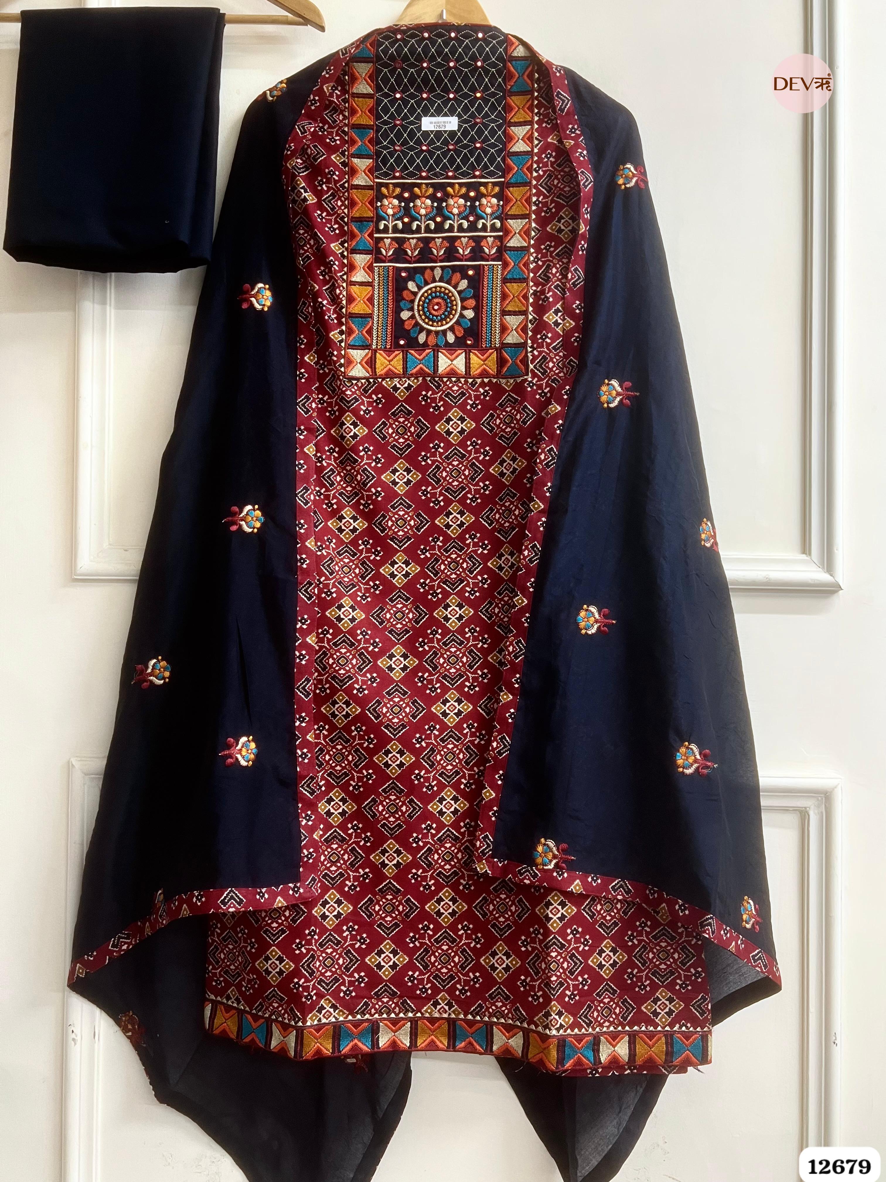 Navy Blue Modal Silk Printed Unstitched 3-Piece Suit (Devri – D.No 12679)
