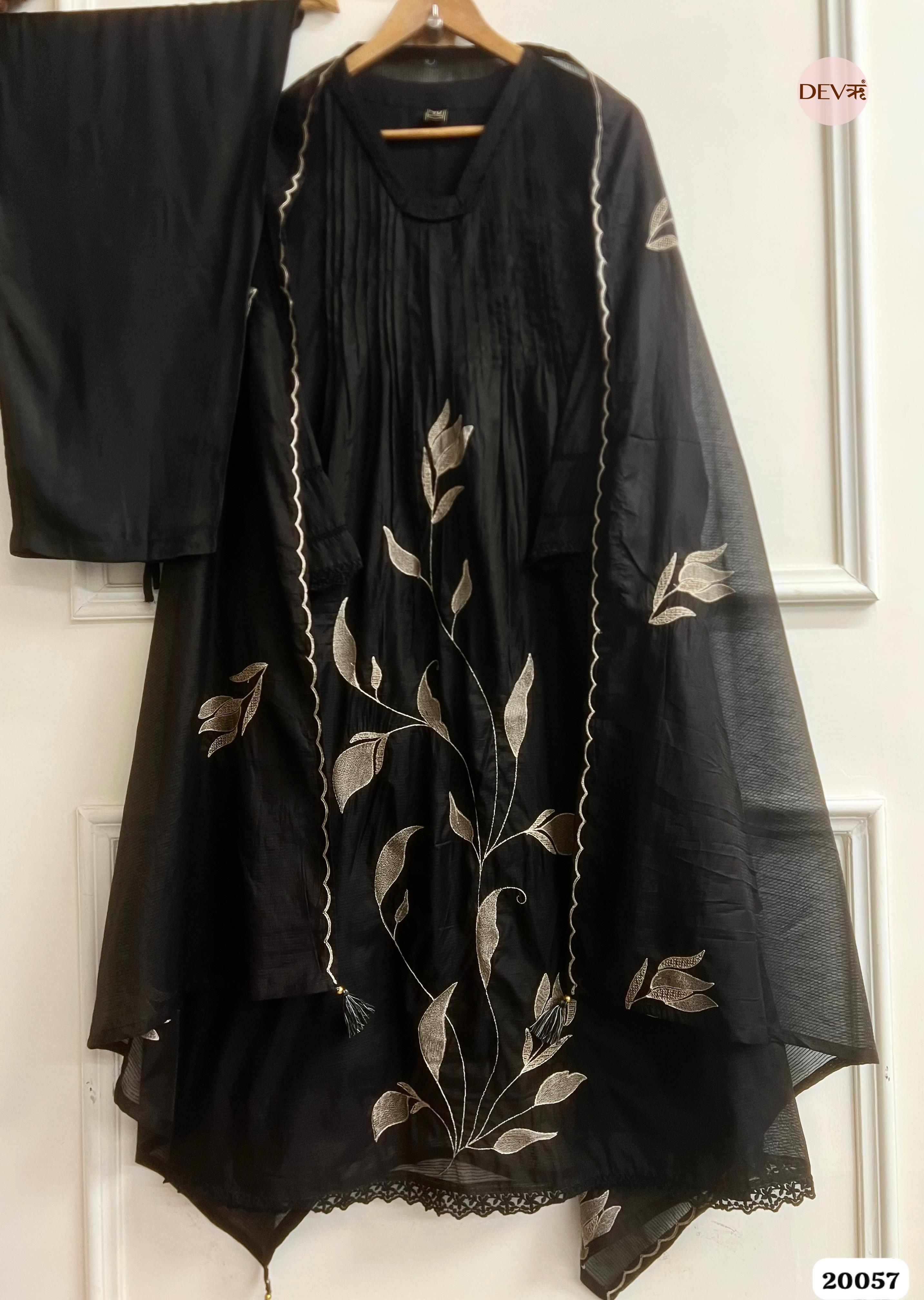 Nirvaya Mul Cotton Embroidered Black 3-Piece Set (Devri – D.No 20057)