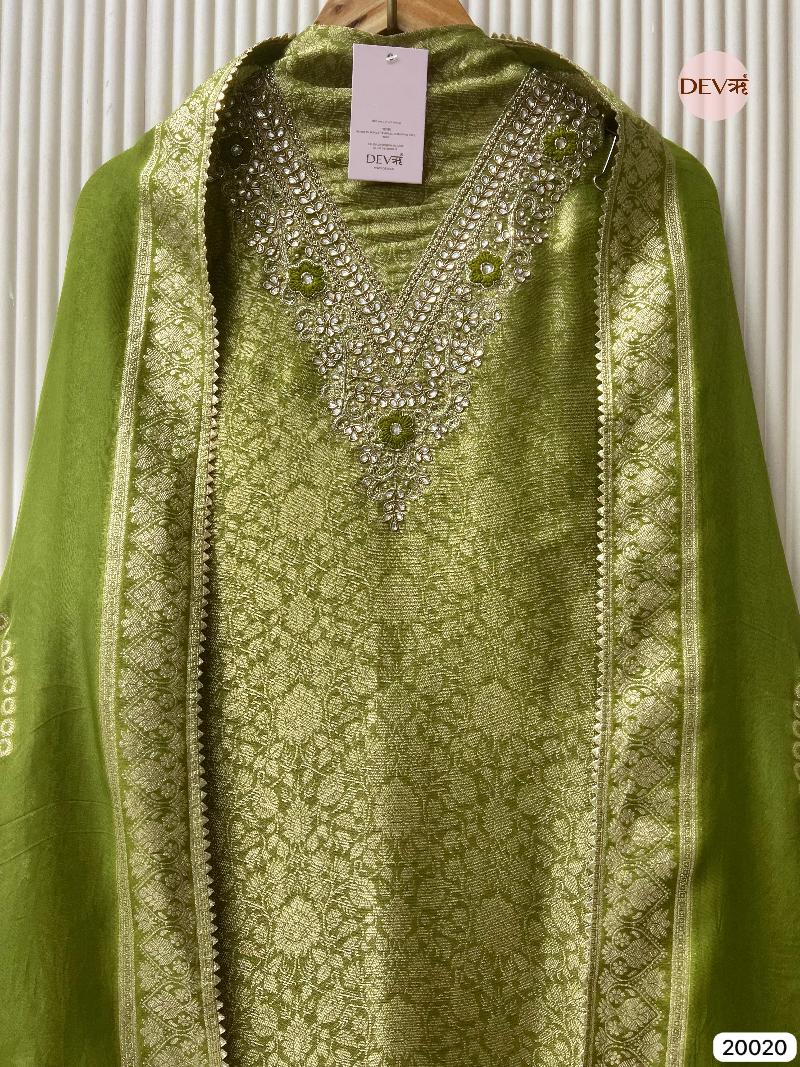 Olive Green Tissue Jacquard Embroidered Unstitched 3-Piece Suit (Devri – D.No 20020)