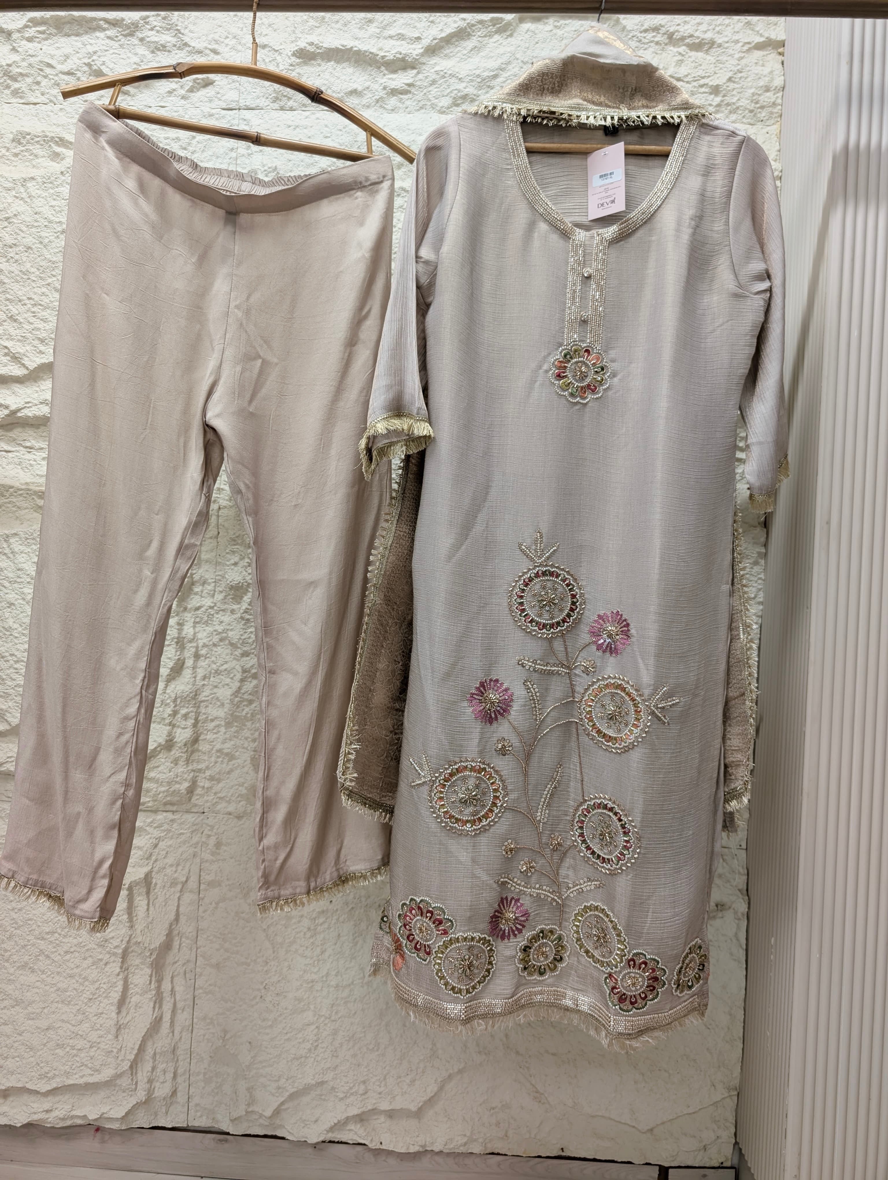 Gulnaar Tissue silk blend Embroidered Beige 3-Piece Set (Devri – D.No 13707)