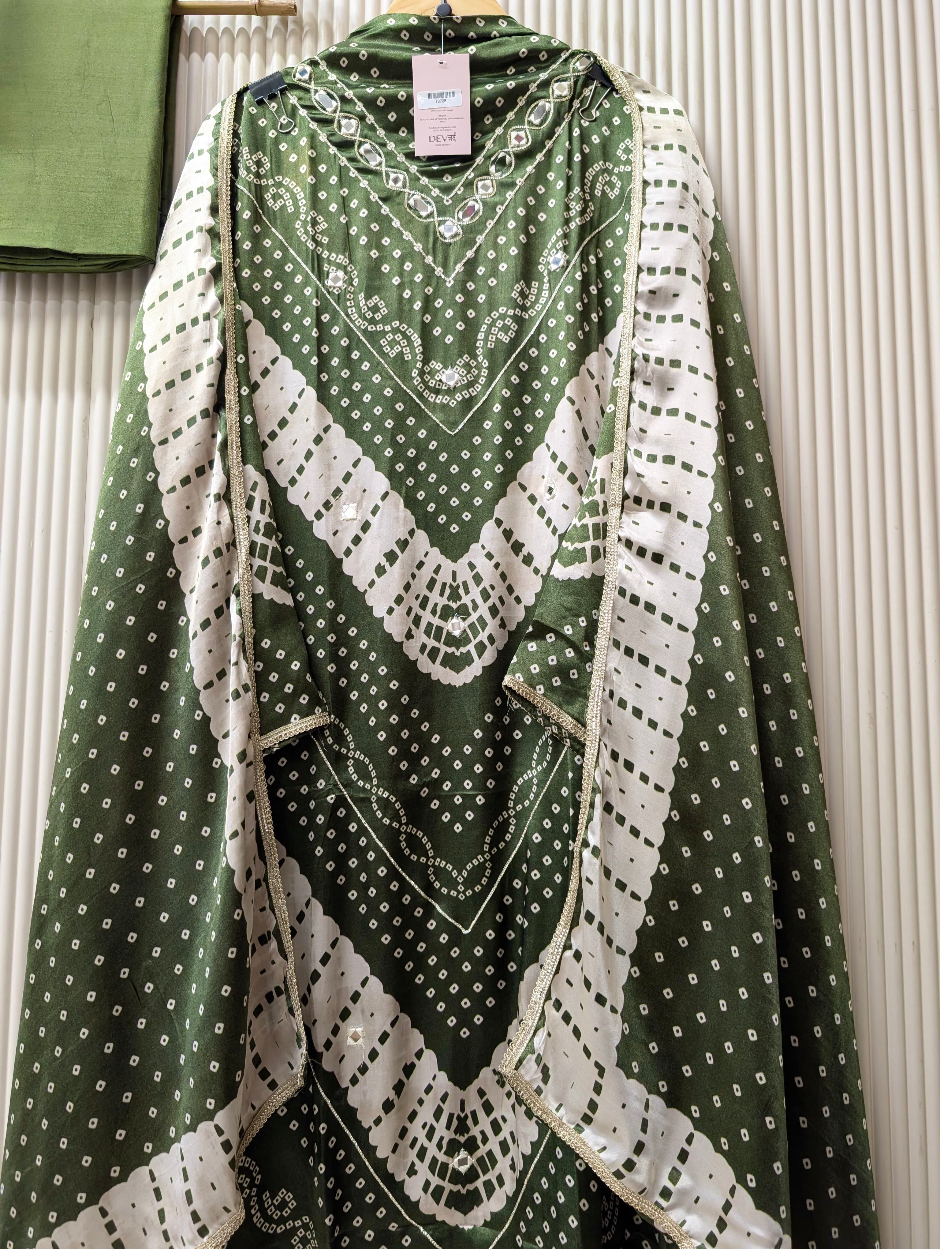 Olive Gajji Silk Printed Unstitched 3-Piece Suit (Devri – D.No 13729)