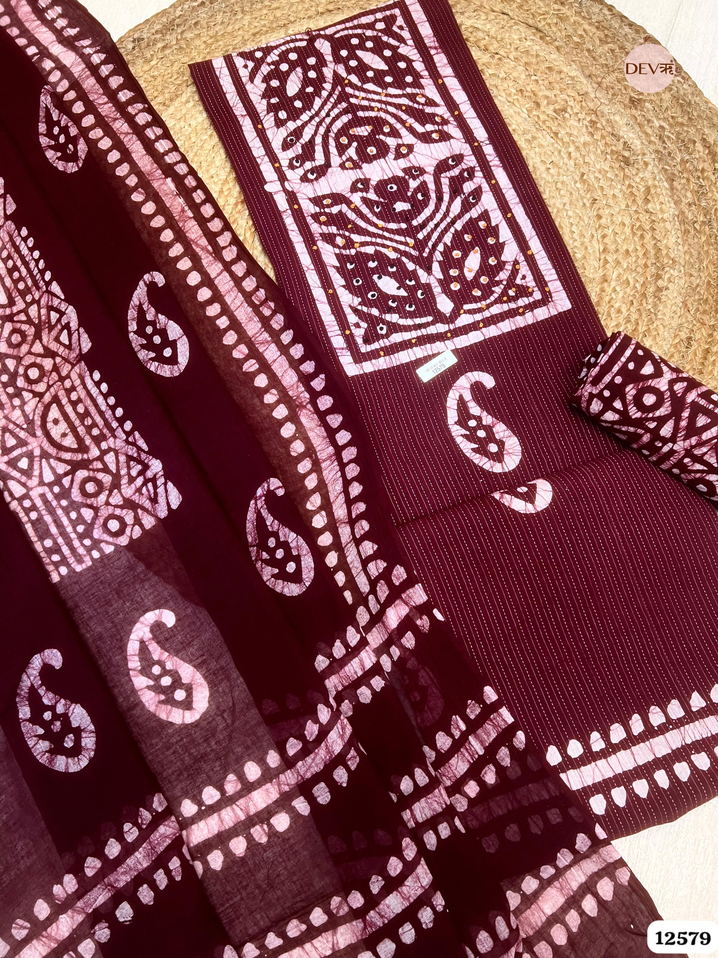 Wine Cotton Batik Printed Unstitched 3-Piece Suit (Devri – D.No 12579)