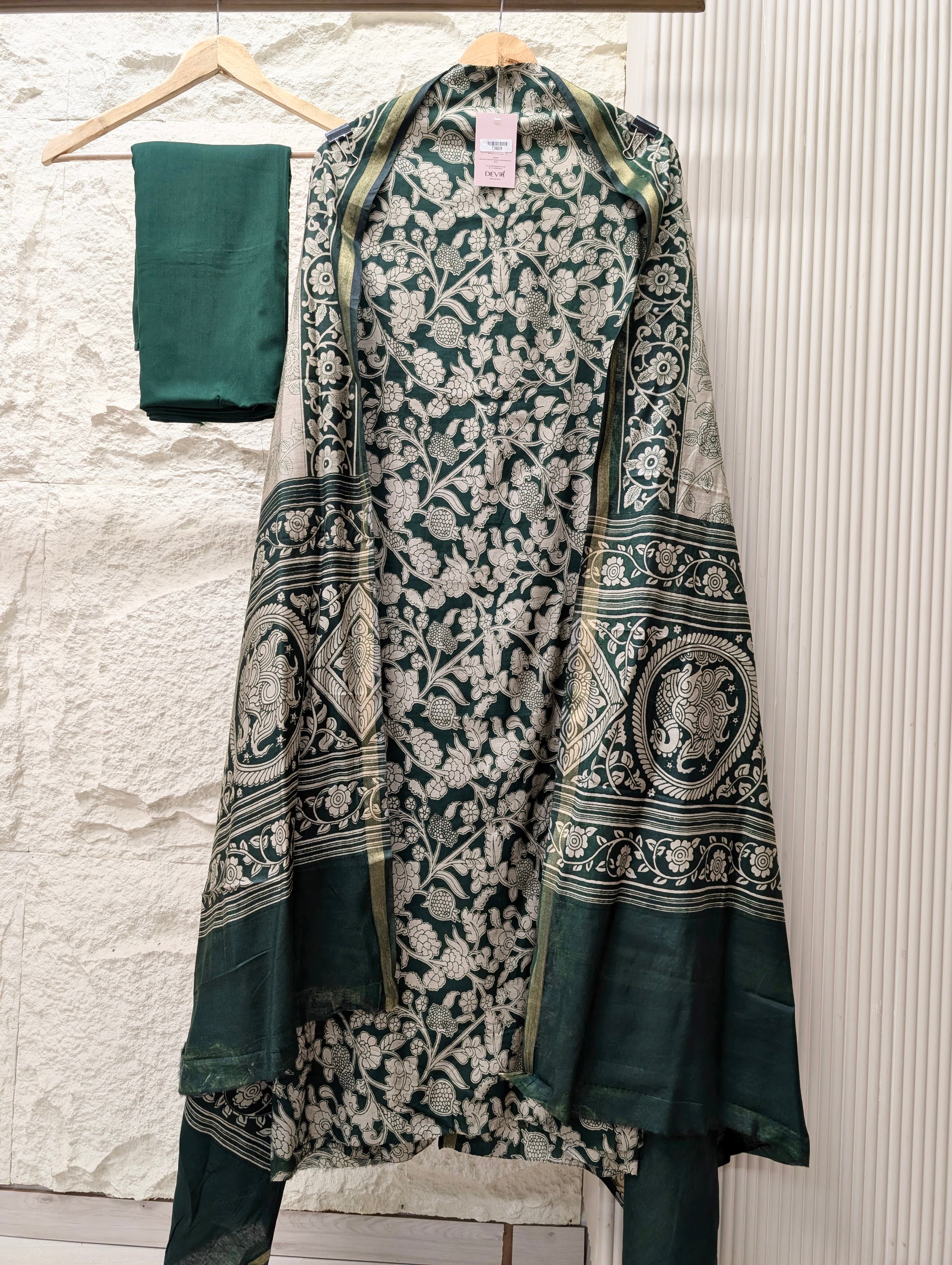 Green Maheshwari Silk Printed Unstitched 3-Piece Suit (Devri – D.No 13609)