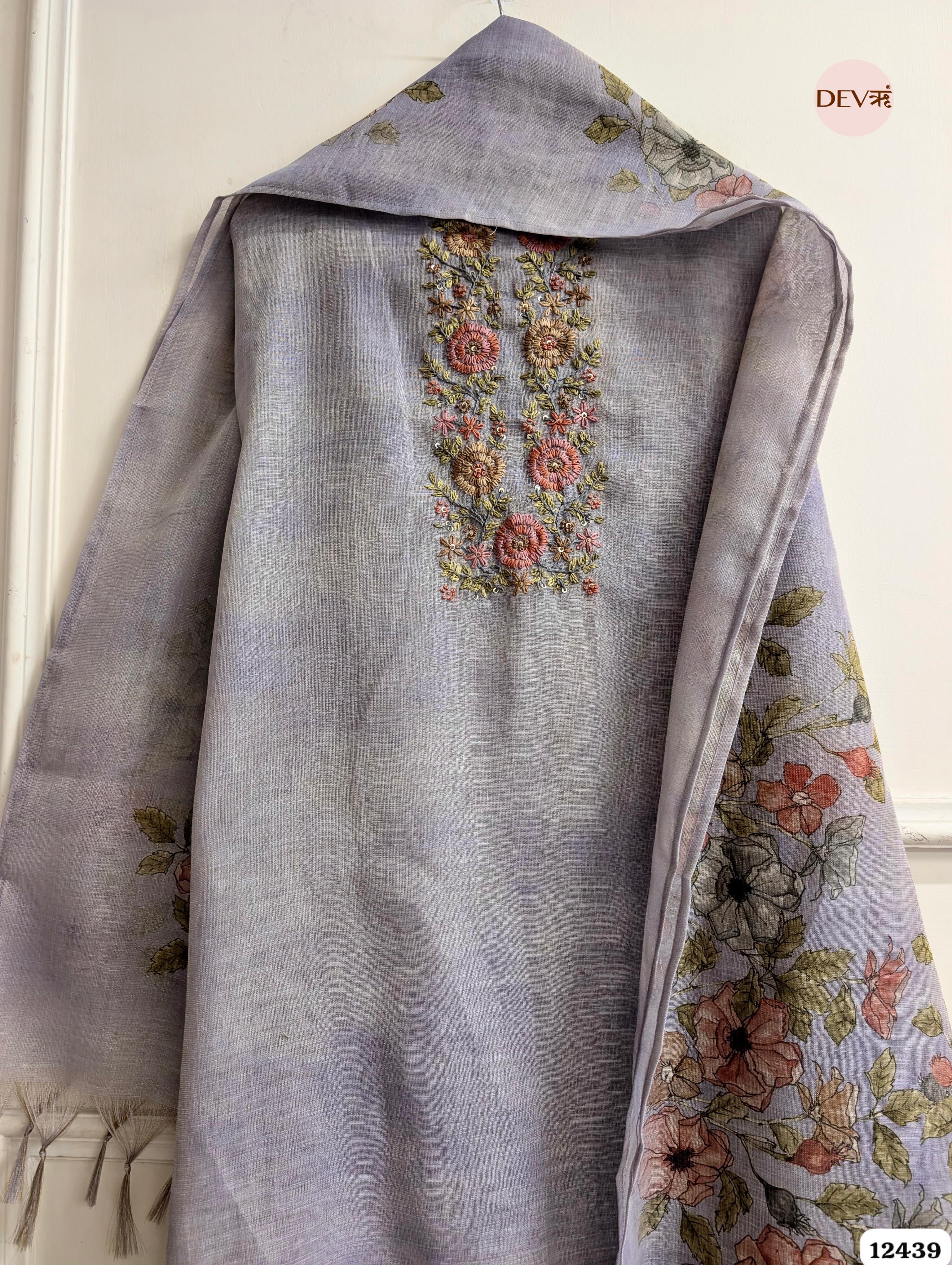 Lavender Linen Embroidered Unstitched 3-Piece Suit (Devri – D.No.12439)