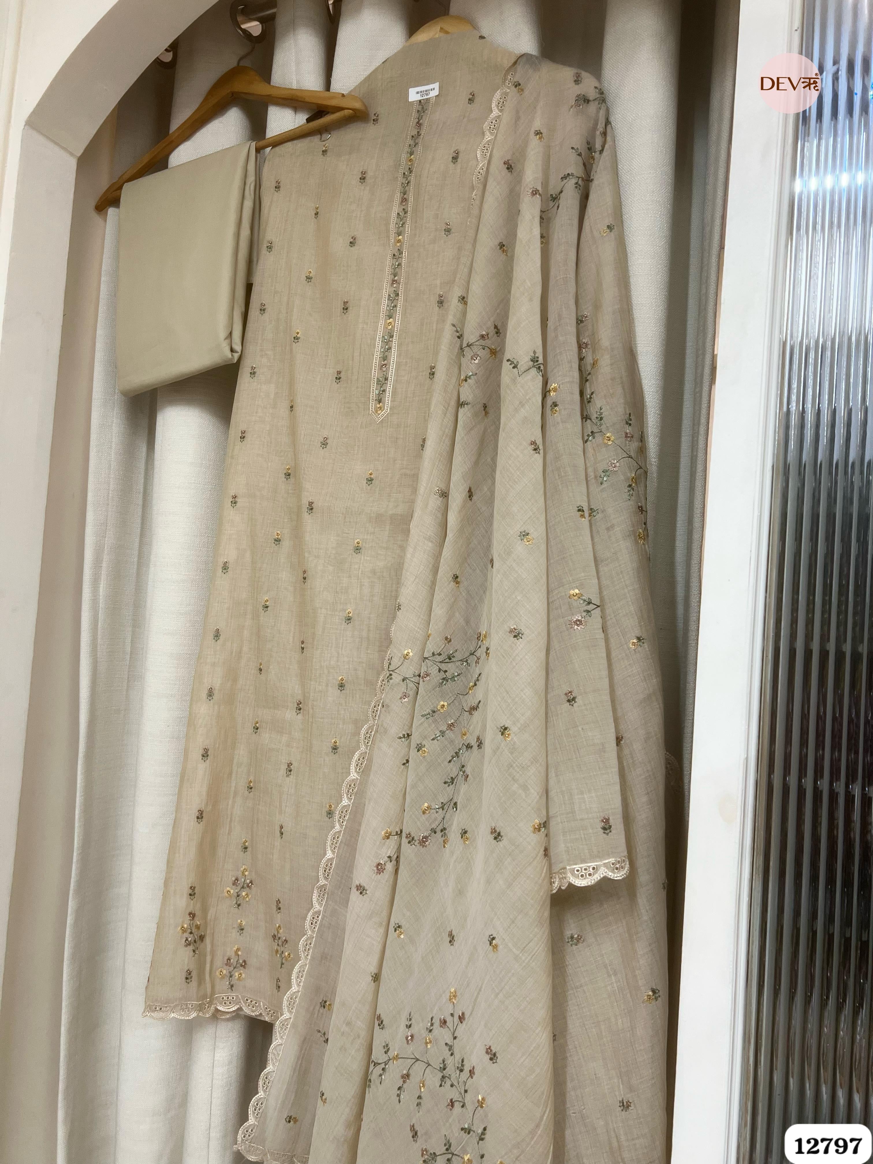 Beige Mul Chanderi Embroidered Unstitched 3-Piece Suit (Devri – D.No 12797)