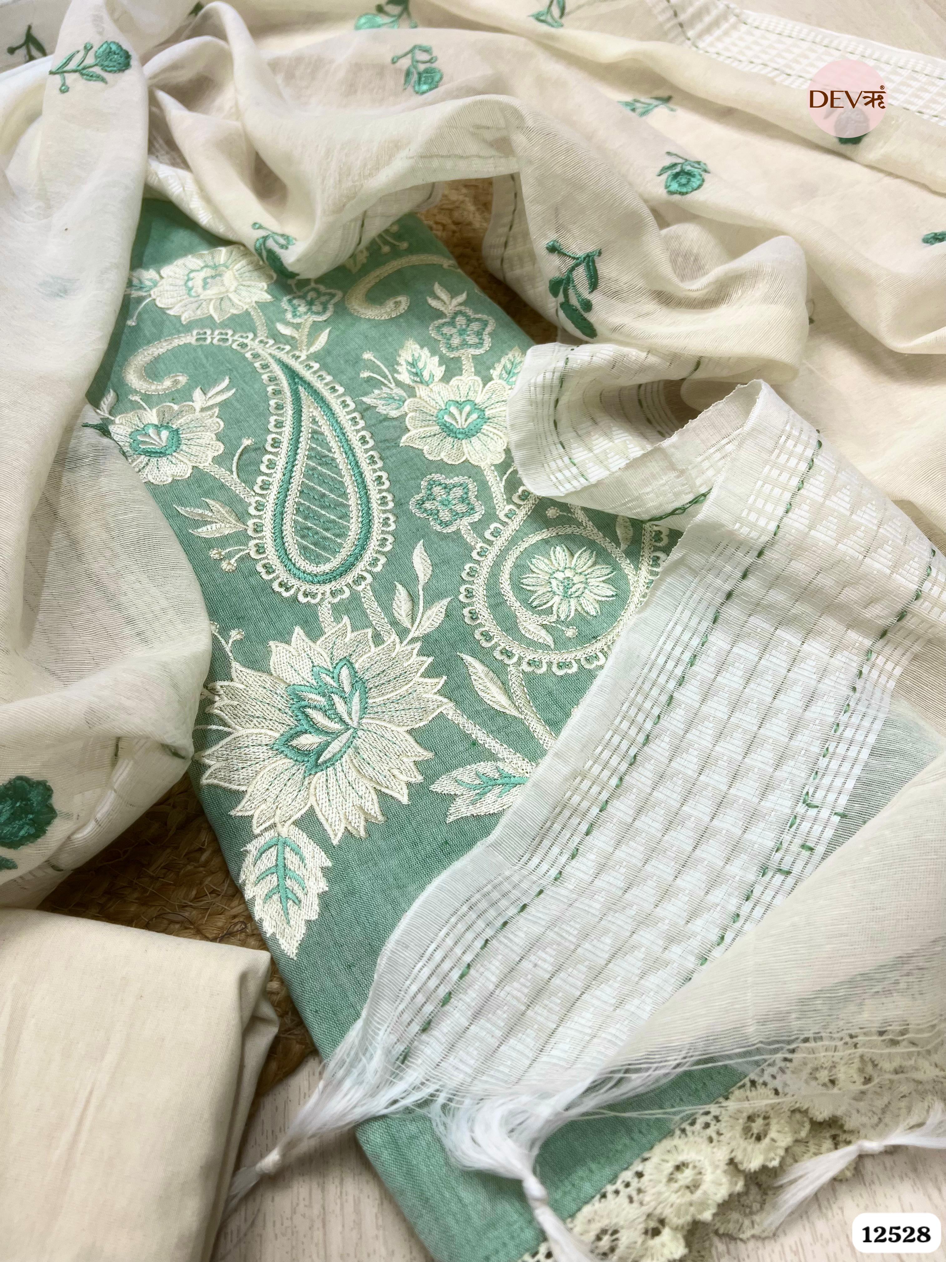Mint Handloom Cotton Embroidered Unstitched 3-Piece Suit (Devri – D.No 12528)
