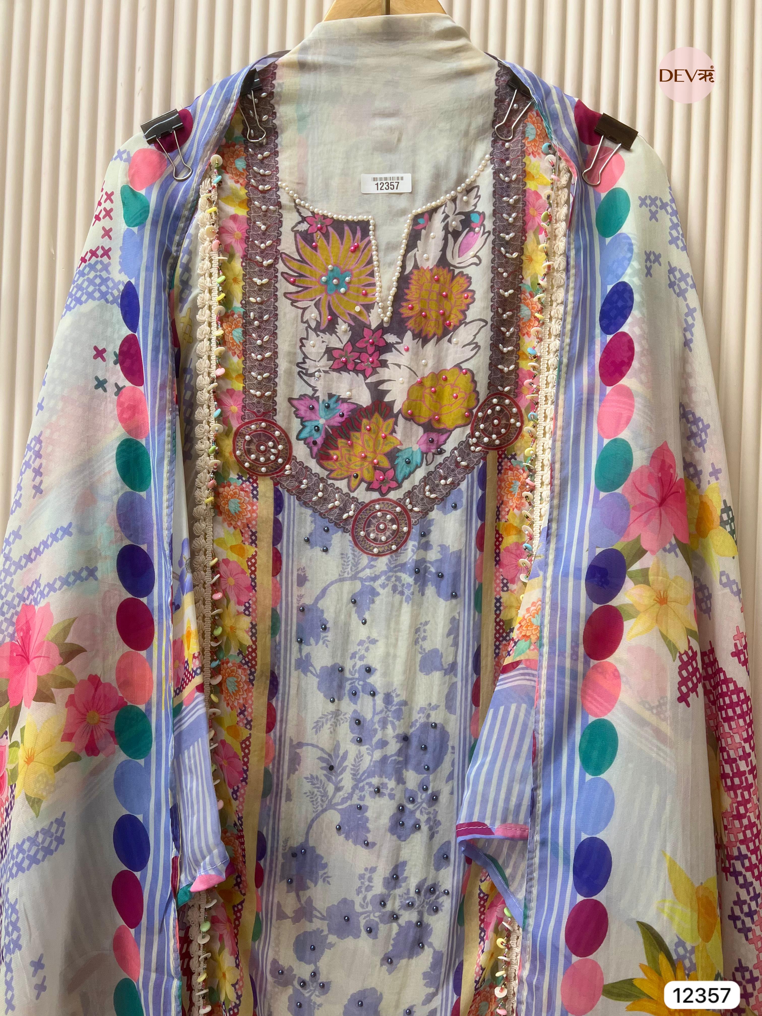 Pastel Blue Organza Embroidered Unstitched 3-Piece Suit (Devri – D.No 12357)