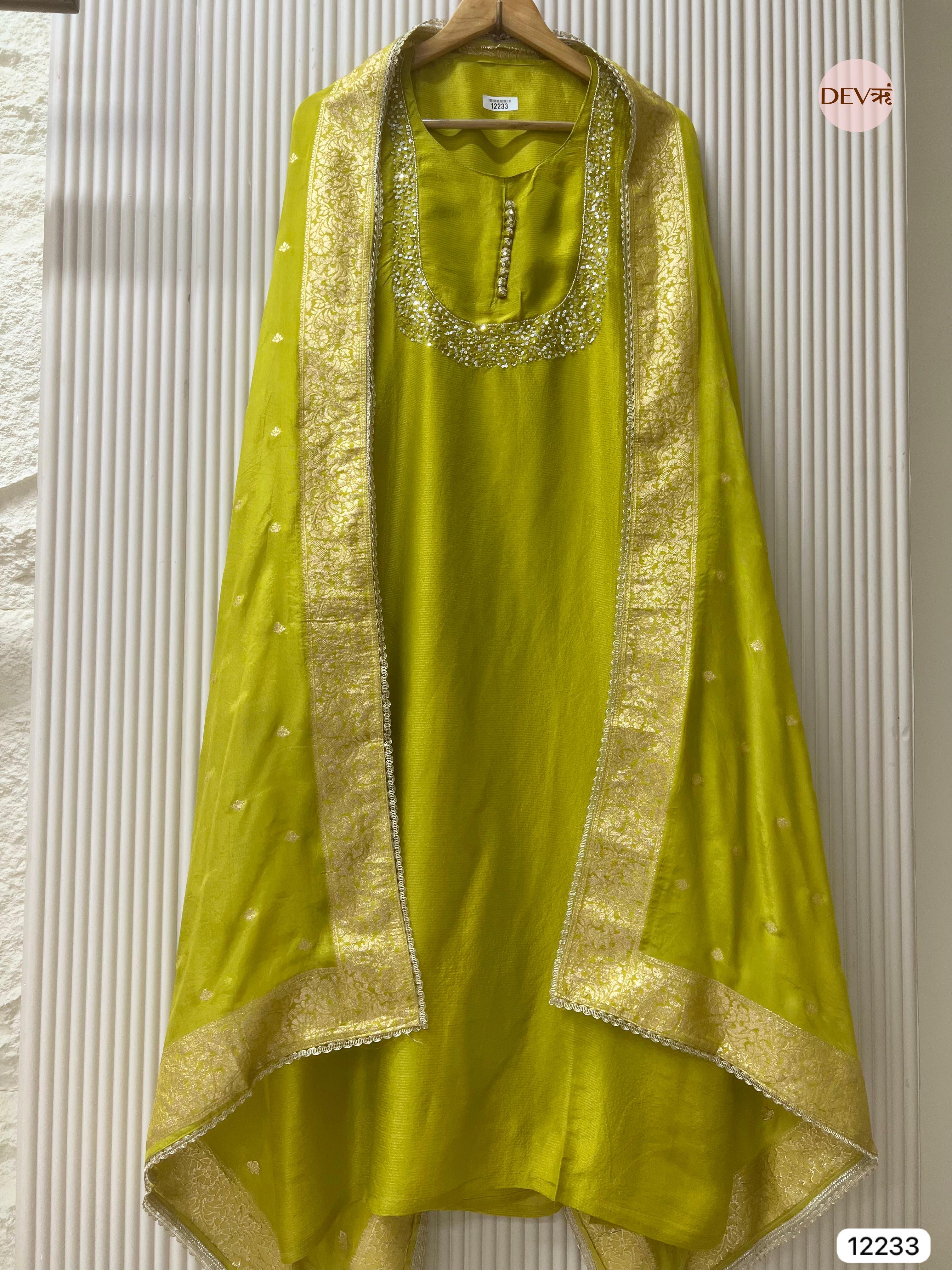 Lime Tissue Shimmer Silk Embroidered Unstitched 3-Piece Suit (Devri – D.No 12233)