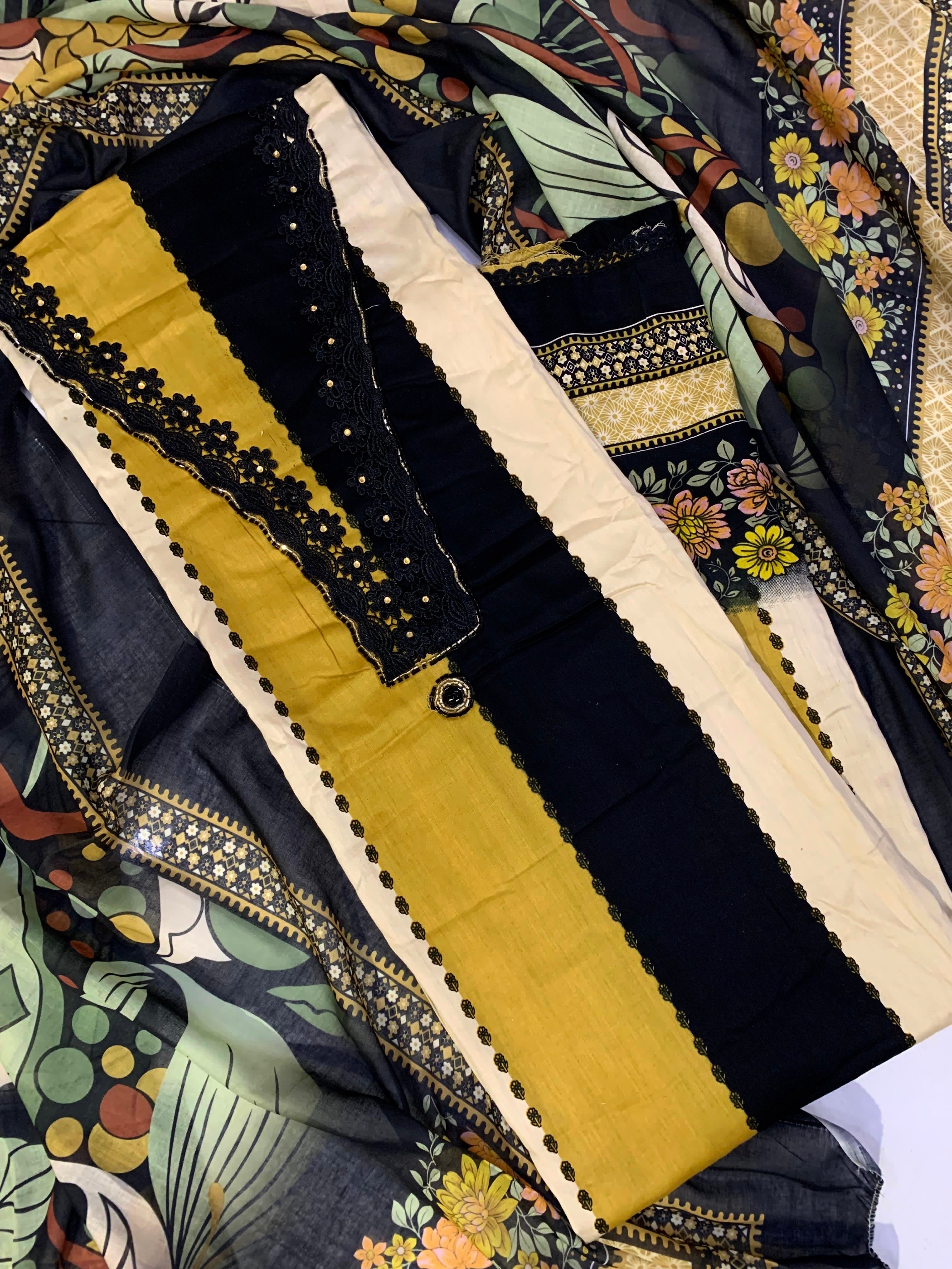 YellowCotton Unstitched Embroidered Printed -Set Of 3 {11355}