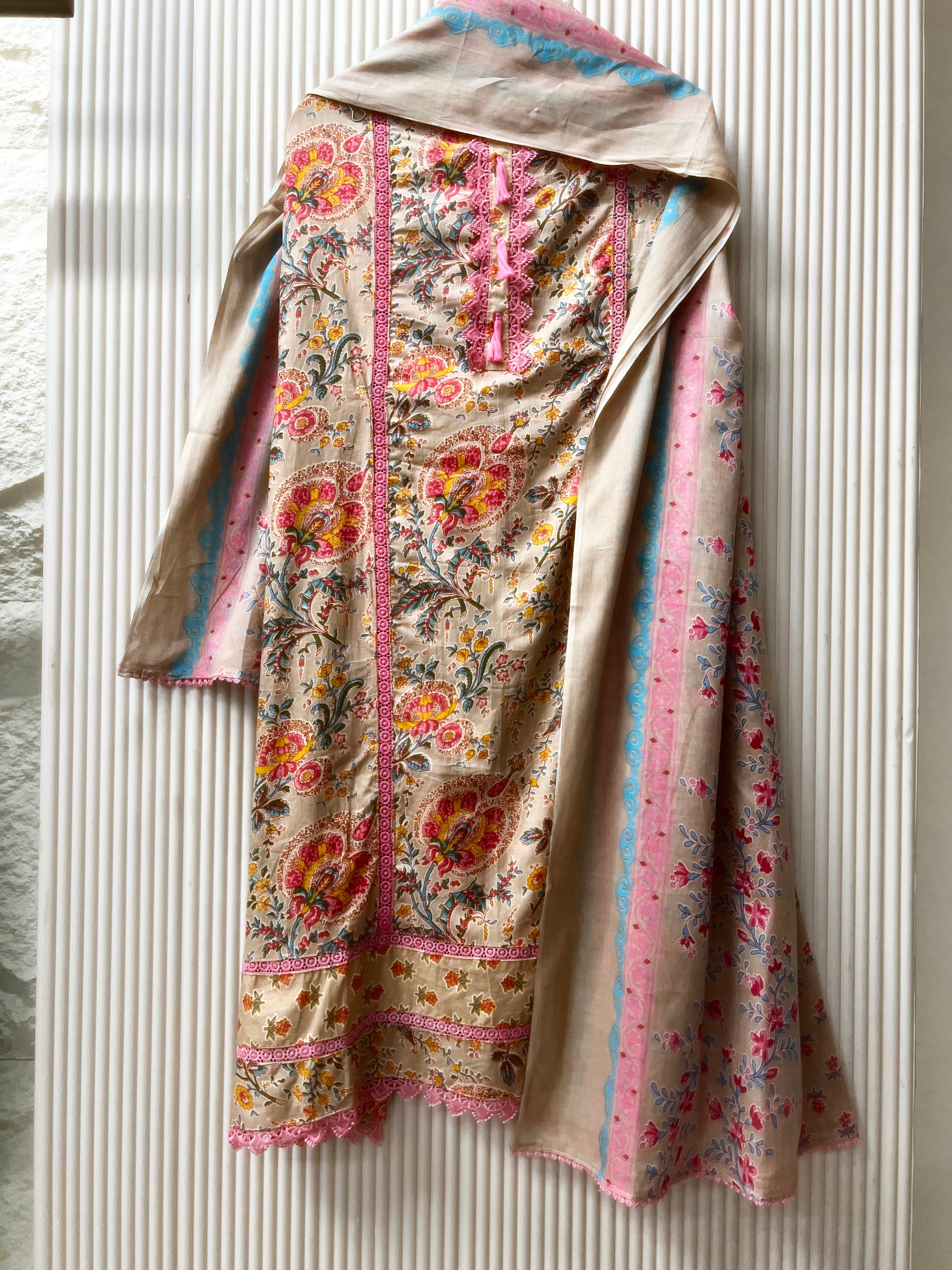Beige Cotton Floral Printed Unstitched 3-Piece Suit (Devri – D.No 12635)
