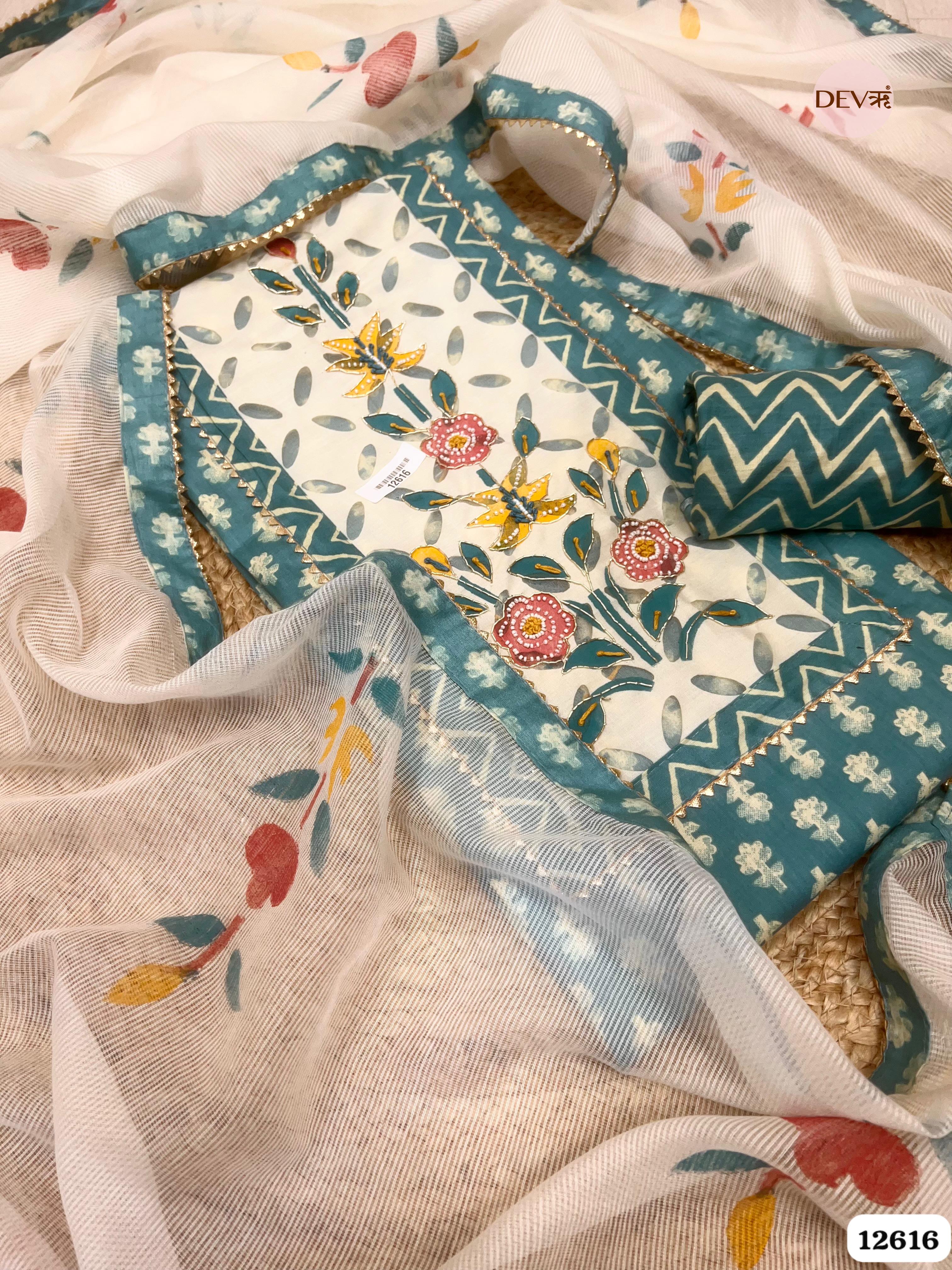 Teal Blue Cotton Embroidered Unstitched 3-Piece Suit (Devri – D.No 12616)