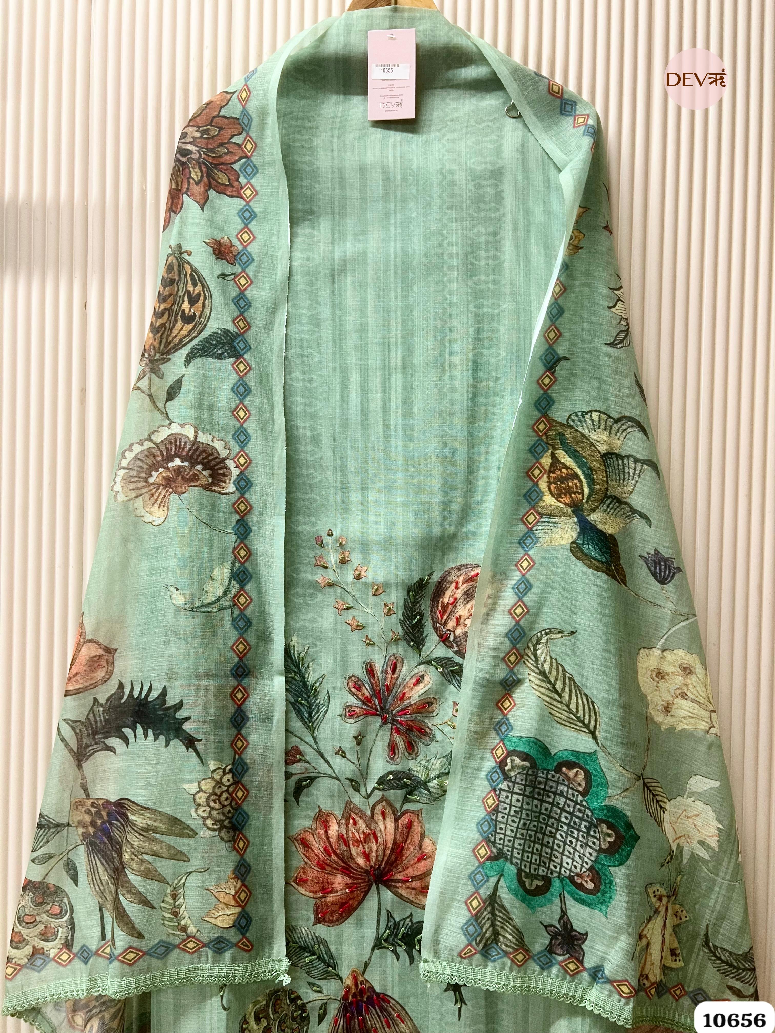 Mint Green Linen Printed Unstitched 3-Piece Suit (Devri – D.No. 10656)