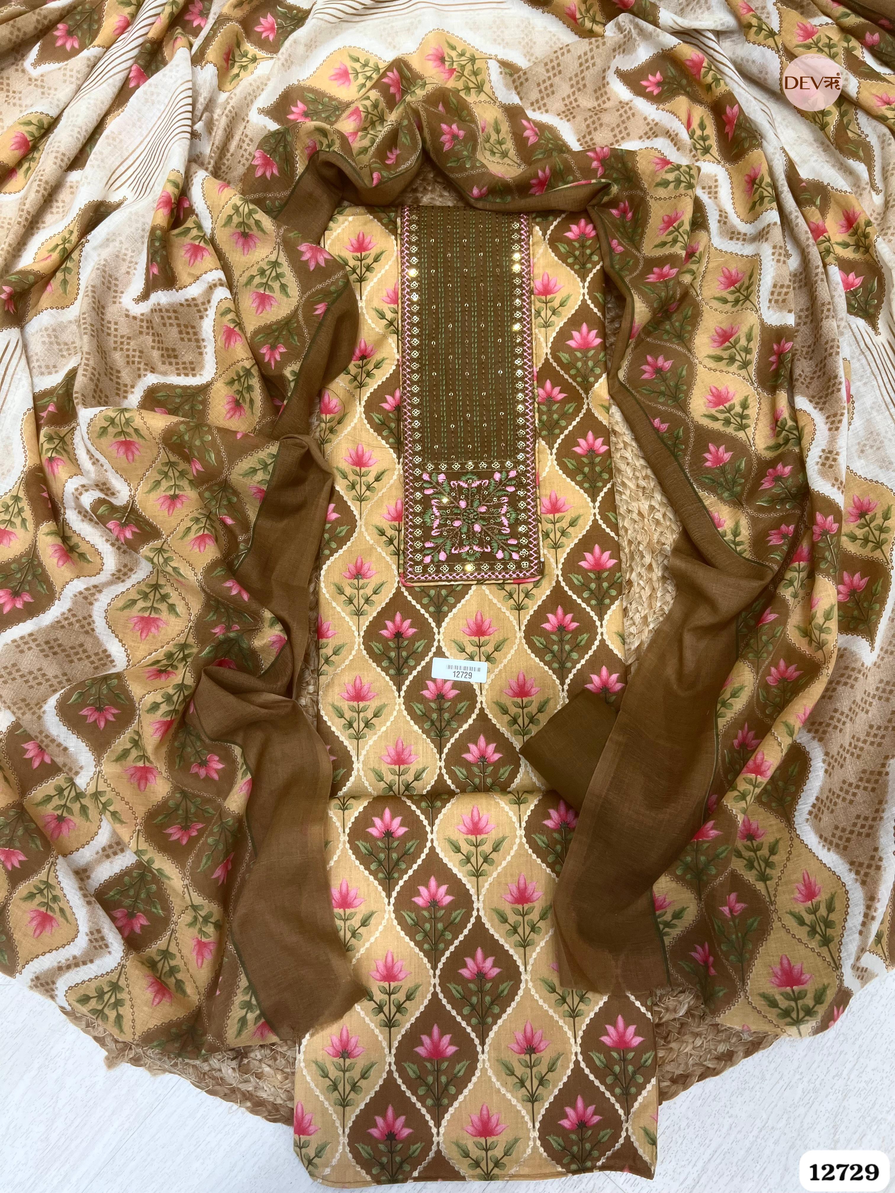 Brown Cotton Embroidered Unstitched 3-Piece Suit (Devri – D.No 12729)