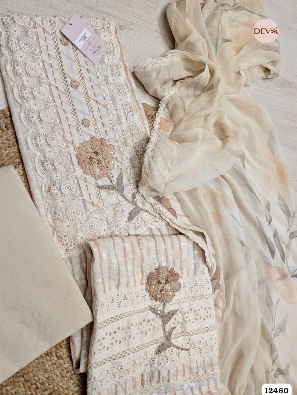 Beige & Mauve Pure Linen Embroidered Unstitched 3-Piece Suit (Devri – D.No 12460)