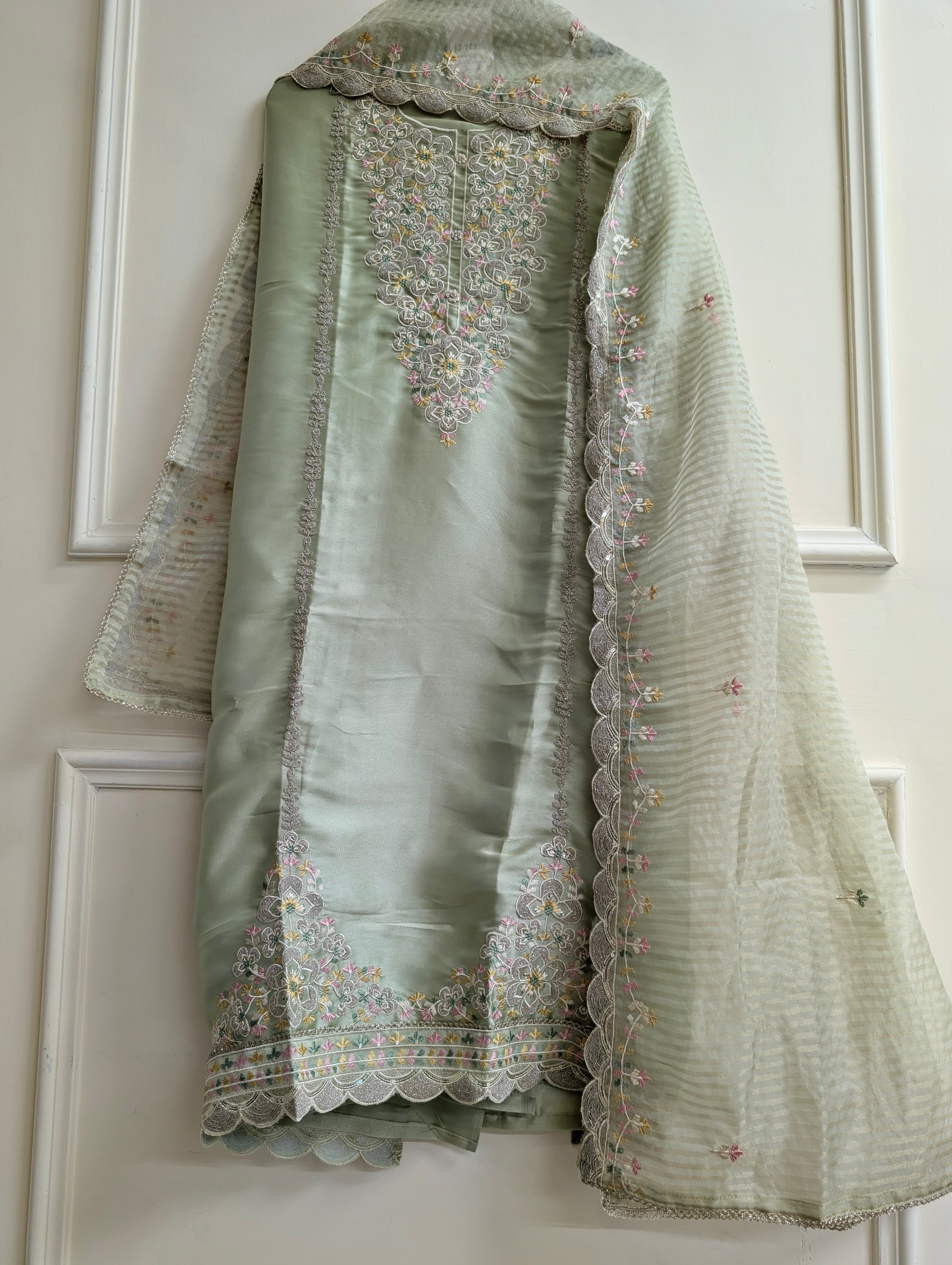 Sage Tissue Silk Embroidered Unstitched 3-Piece Suit (Devri – D.No 13767)