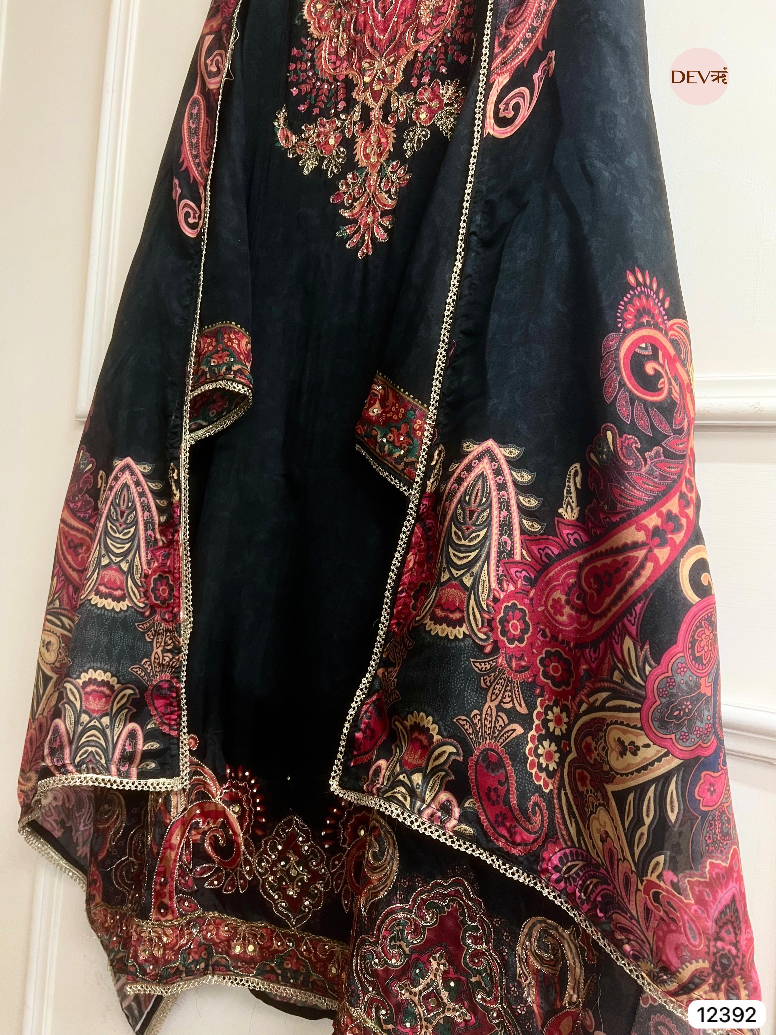 Black Organza Silk Embroidered Unstitched 3-Piece Suit (Devri – D.No 12392)