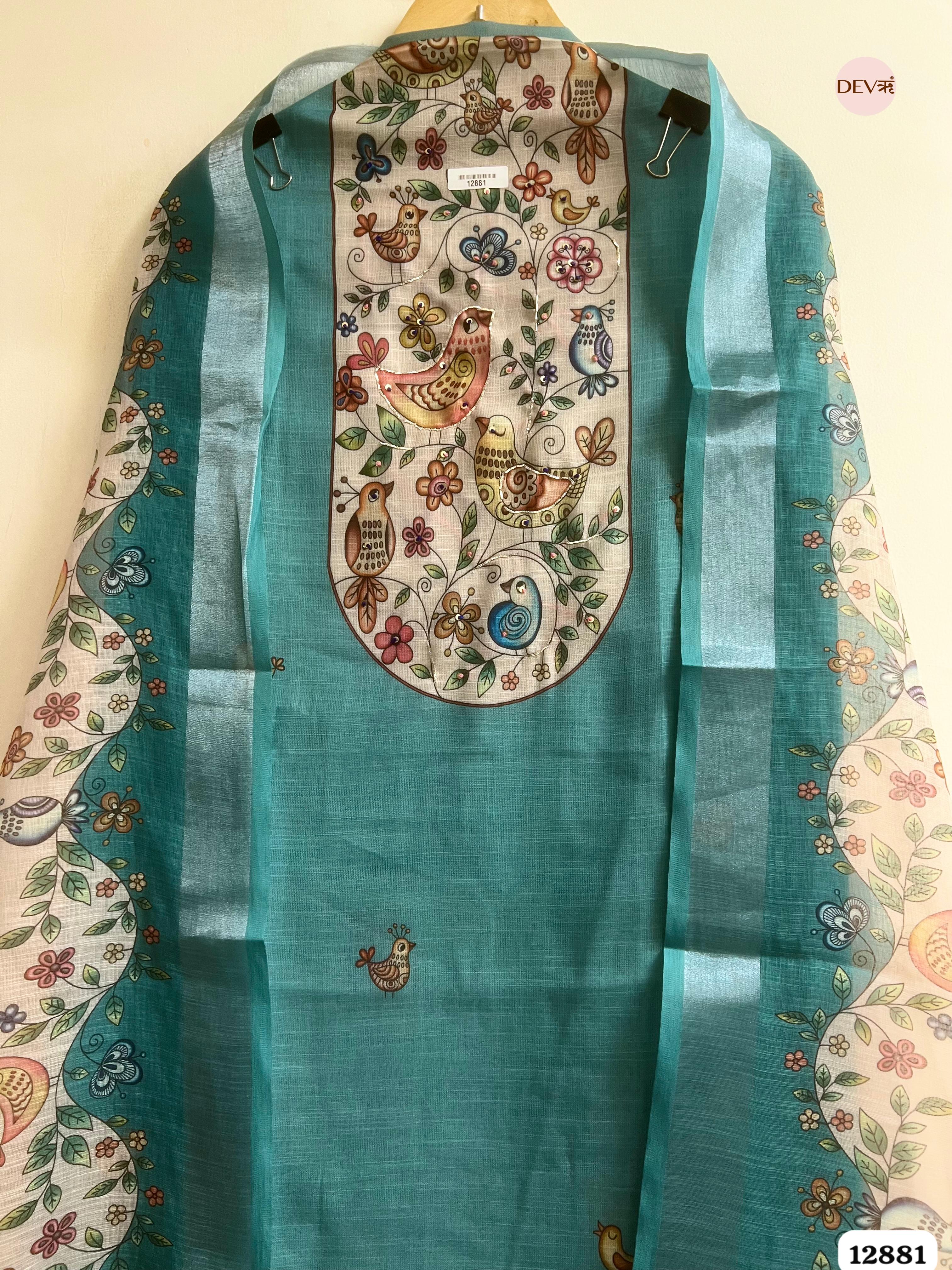 Teal Blue Linen Cotton Printed Unstitched 3-Piece Suit (Devri – D.No 12881)