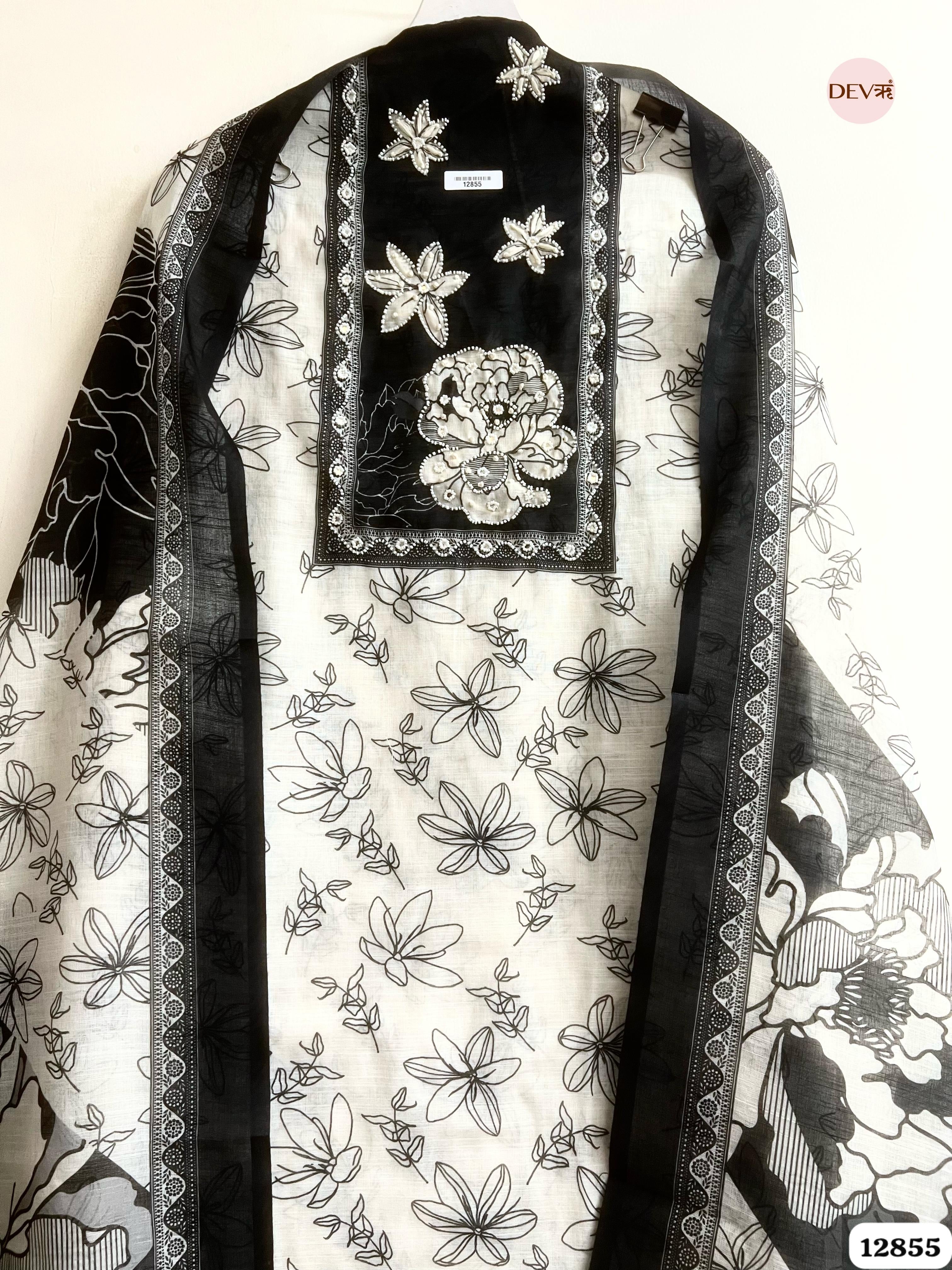 White Linen Cotton Printed Unstitched 3-Piece Suit (Devri – D.No 12855)