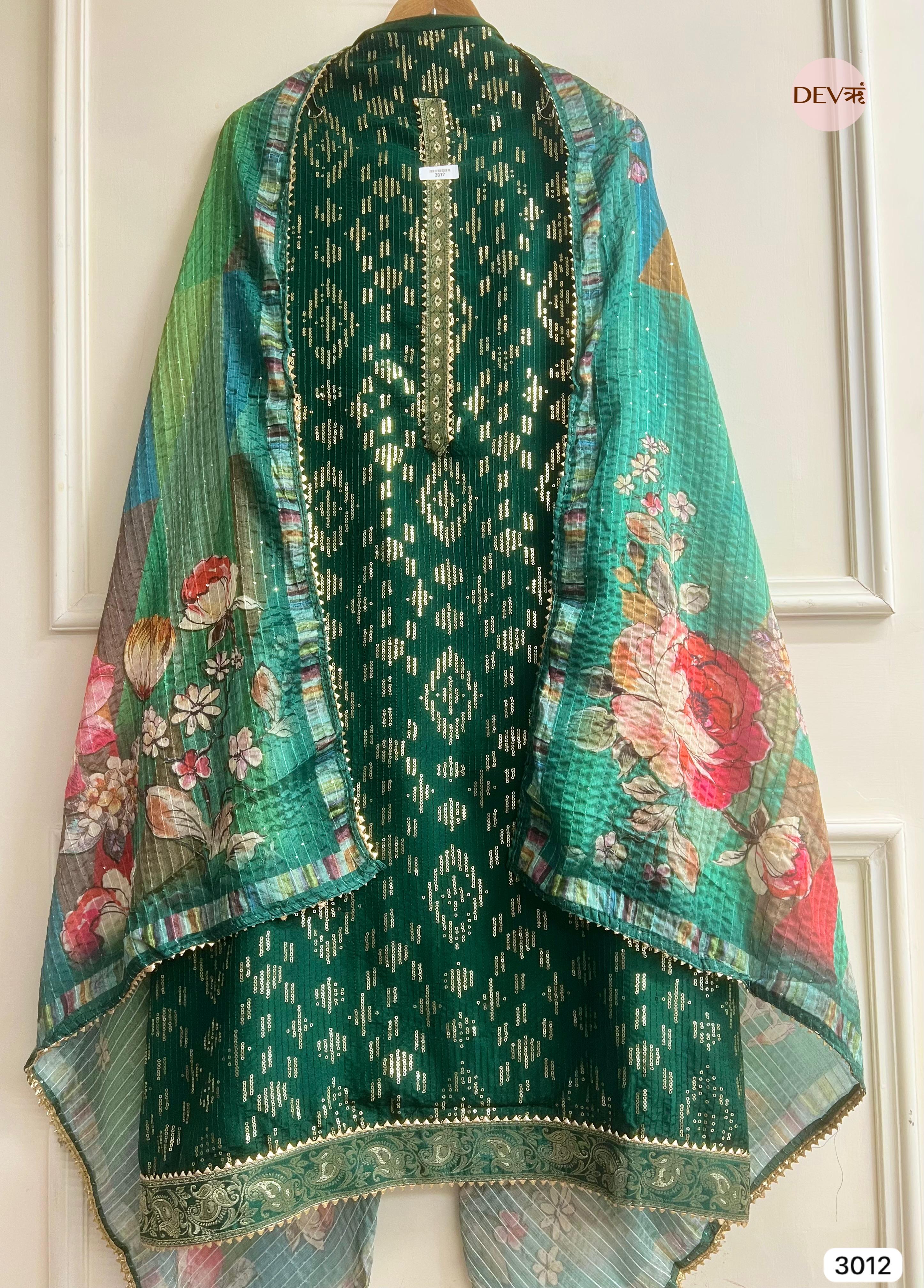 Emerald Green Upada Silk Embroidered Unstitched 3-Piece Suit (Devri – D.No 3012)