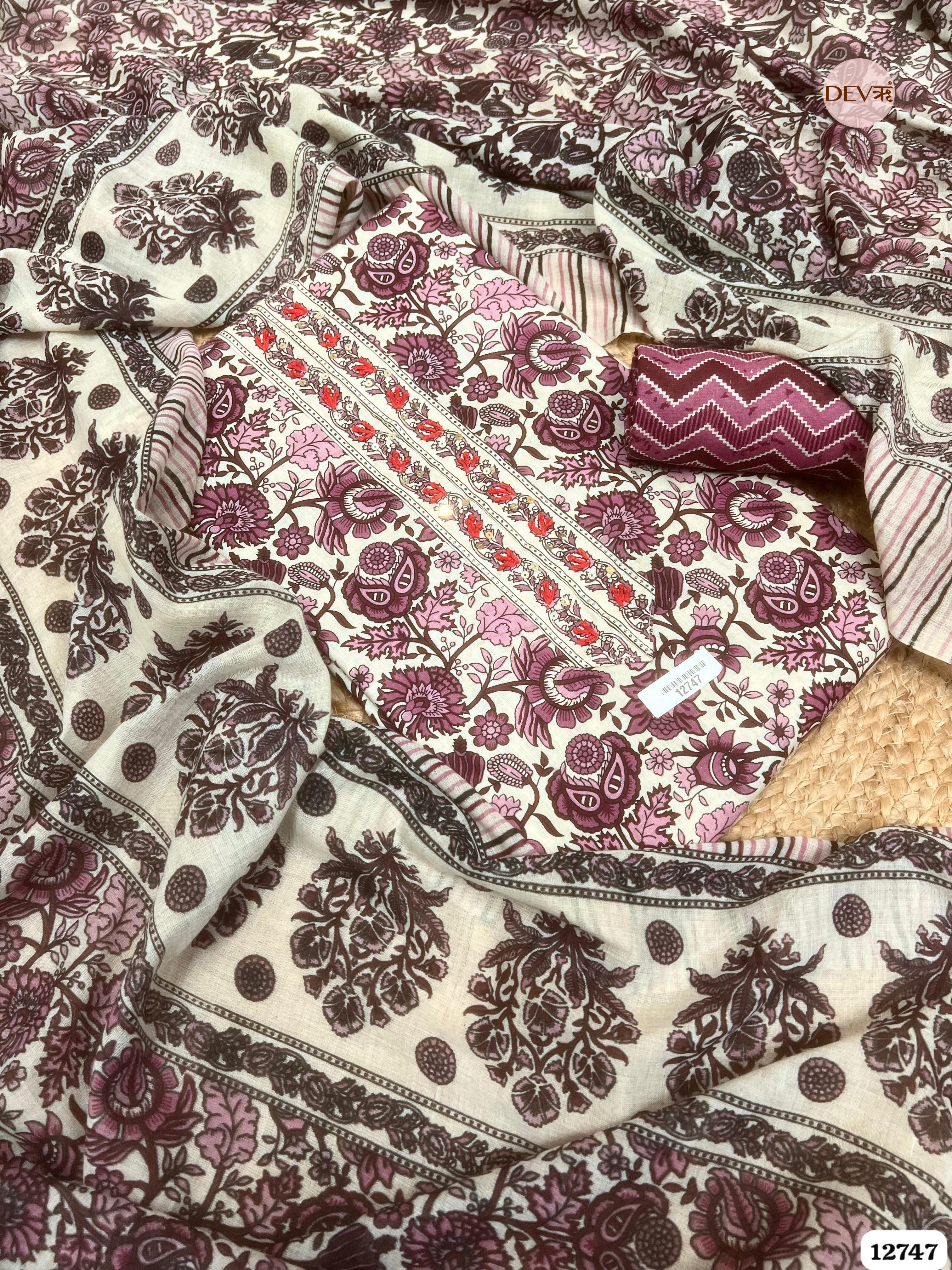 Mauve Cotton Printed Unstitched 3-Piece Suit (Devri – D.No 12747)