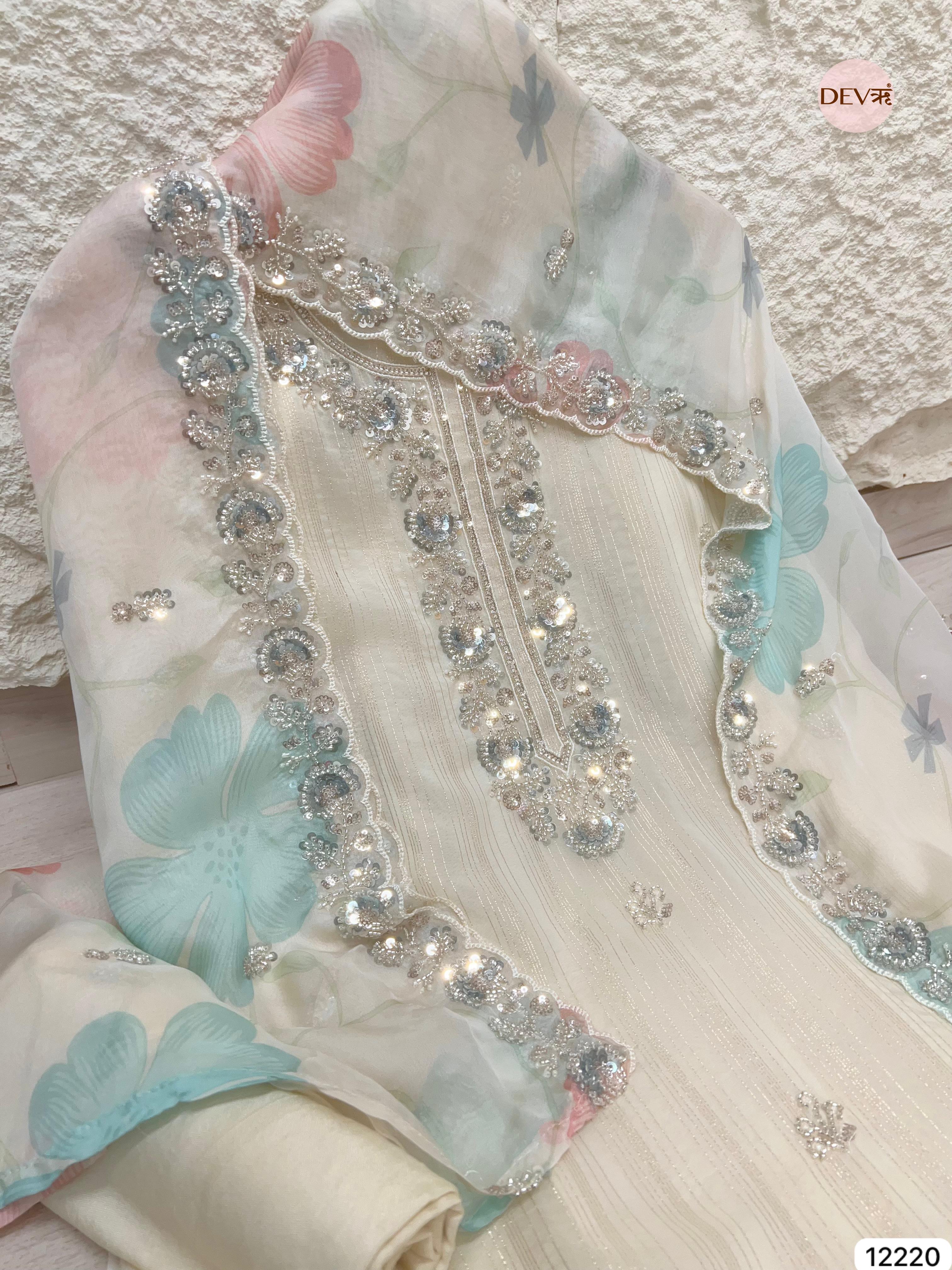 Ivory Pure Organza Hand-Embroidered Unstitched 3-Piece Suit (Devri – D.No 12220)