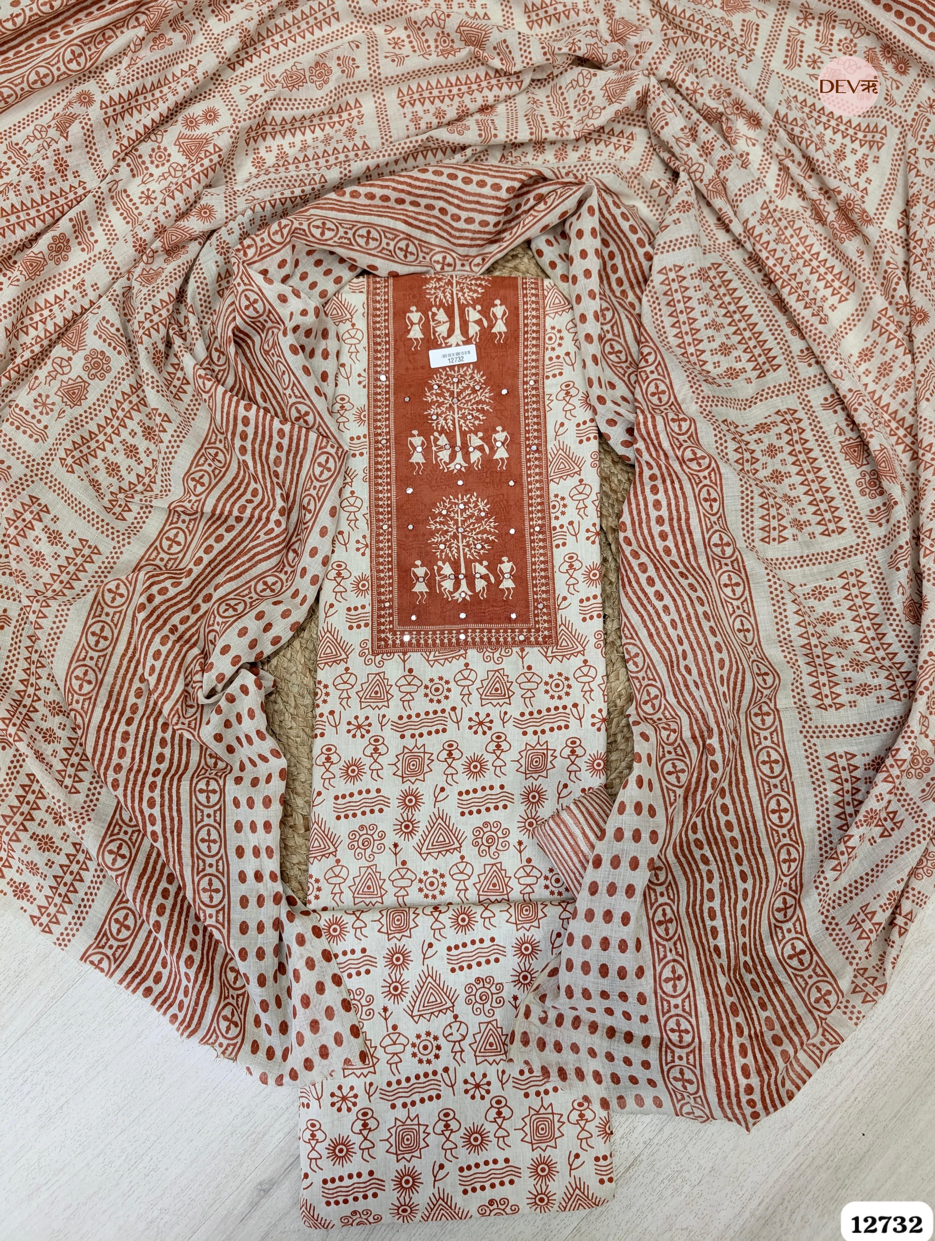 Rust and Ivory Cotton Printed Unstitched 3-Piece Suit (Devri – D.No 12732)