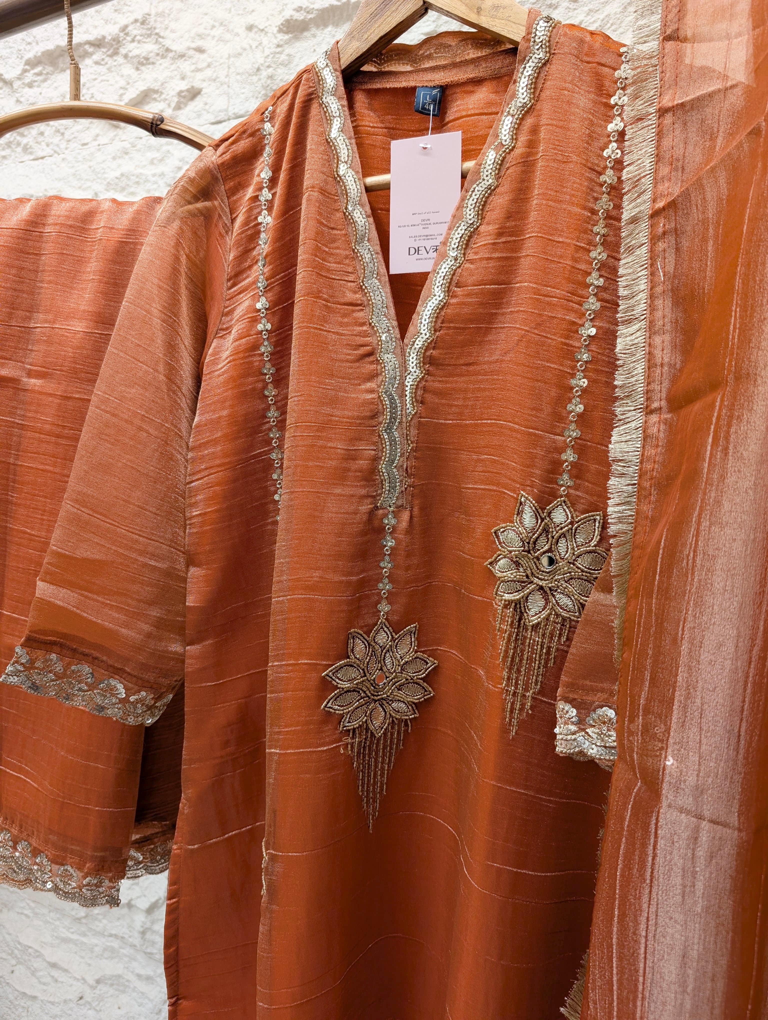 Gulnaar Tissue Silk Embroidered Rust 3-Piece Set (Devri – D.No 13784)