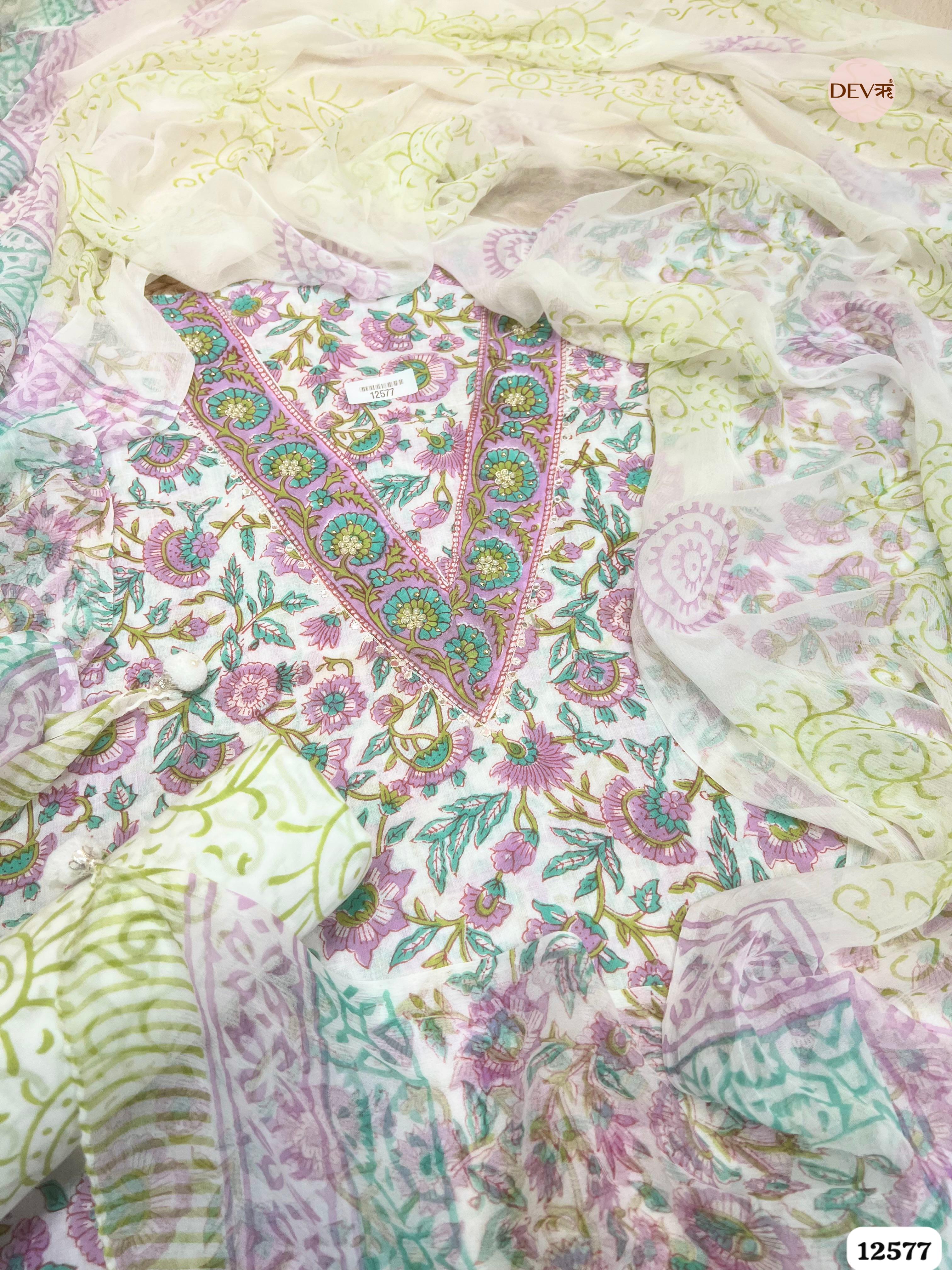 White Pure Cotton Floral Embroidered Unstitched 3-Piece Suit (Devri – D.No 12577)