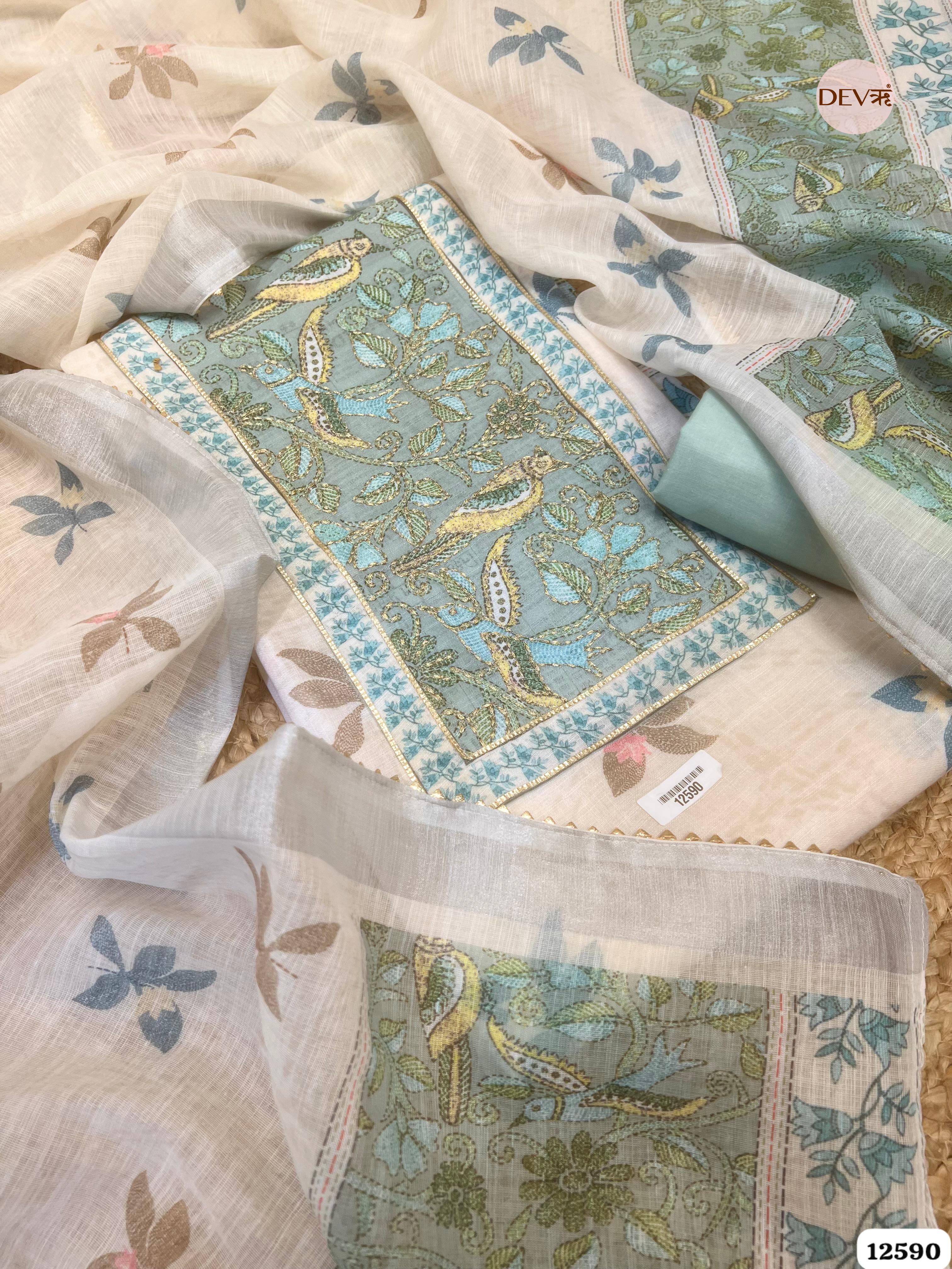 Sea Green Linen Cotton Embroidered Unstitched 3-Piece Suit (Devri – D.No 12590)