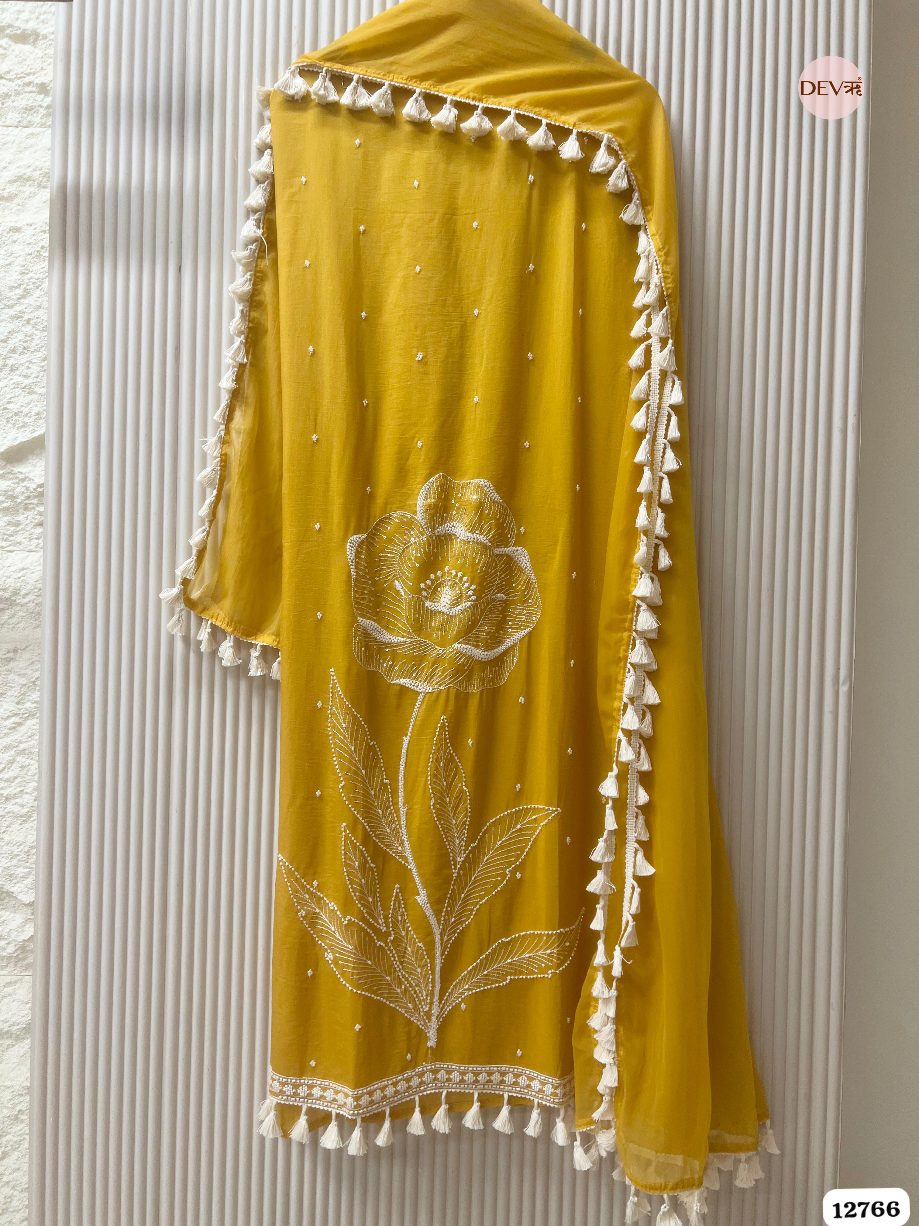 Yellow Mul Cotton Embroidered Unstitched 3-Piece Suit (Devri – D.No 12766)