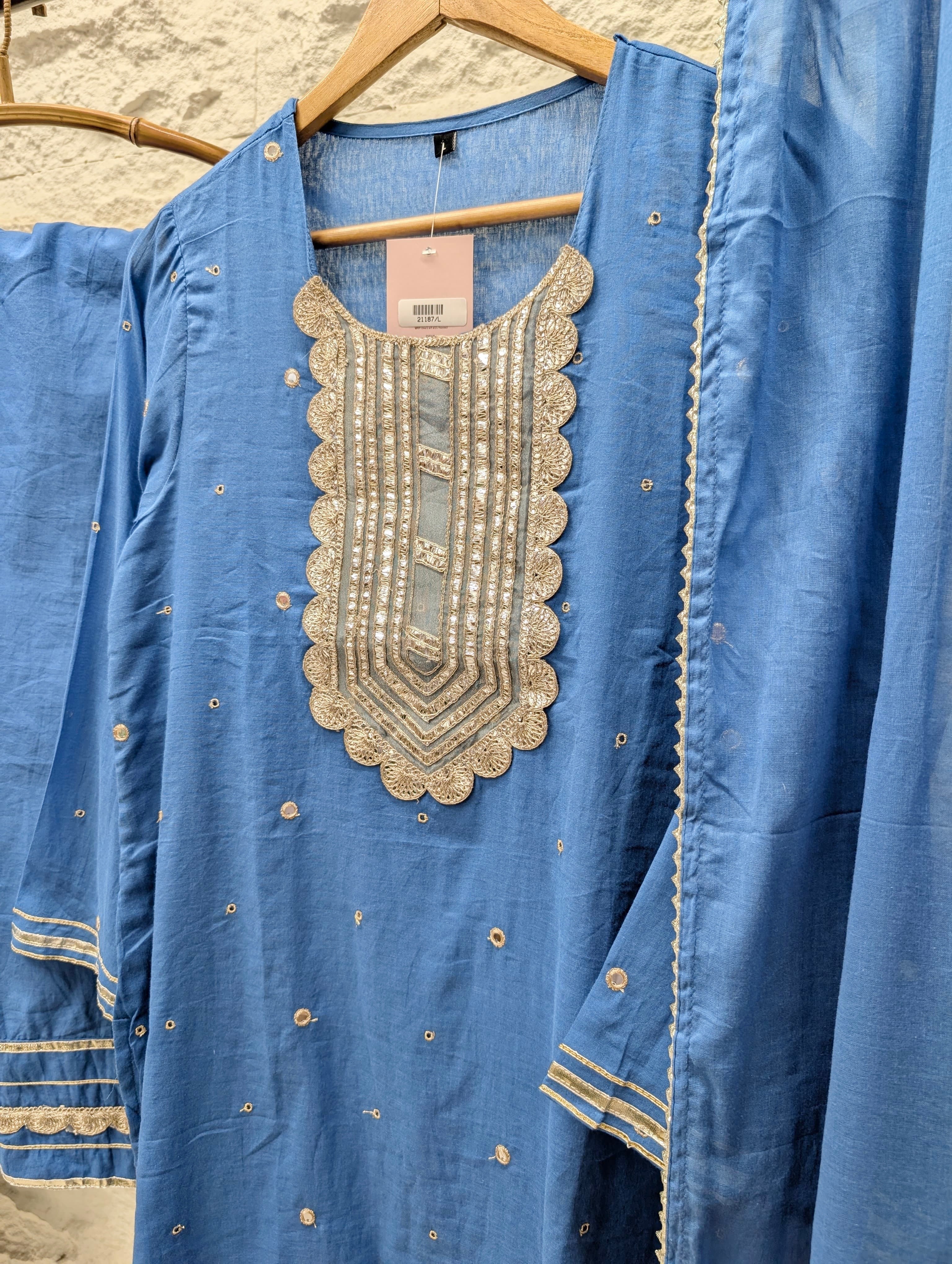 Neelika Pure mul cotton Embroidered Blue 3-Piece Set (Devri – D.No 21187)