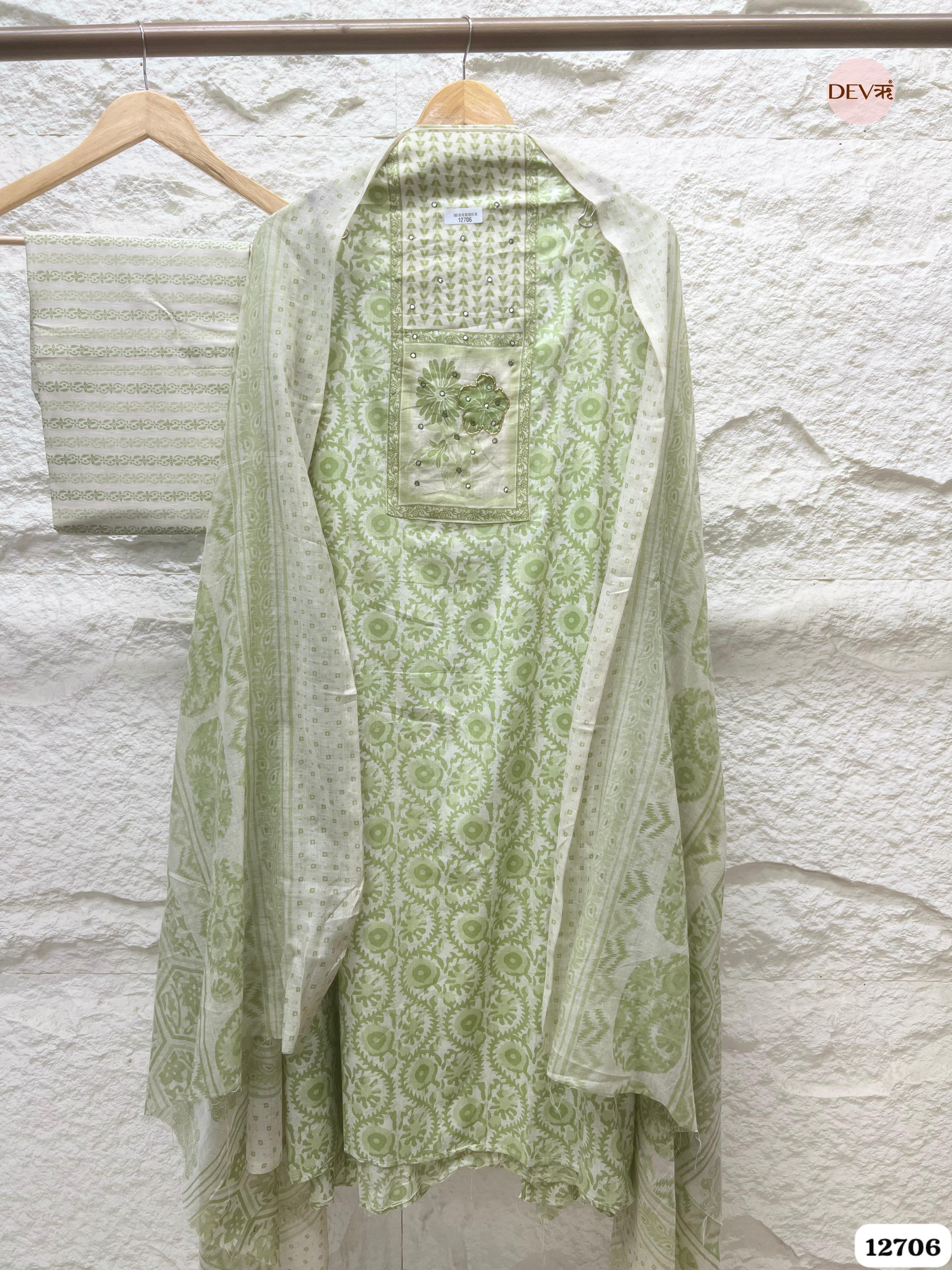 Pista Green Cotton Printed Unstitched 3-Piece Suit (Devri – D.No 12706)
