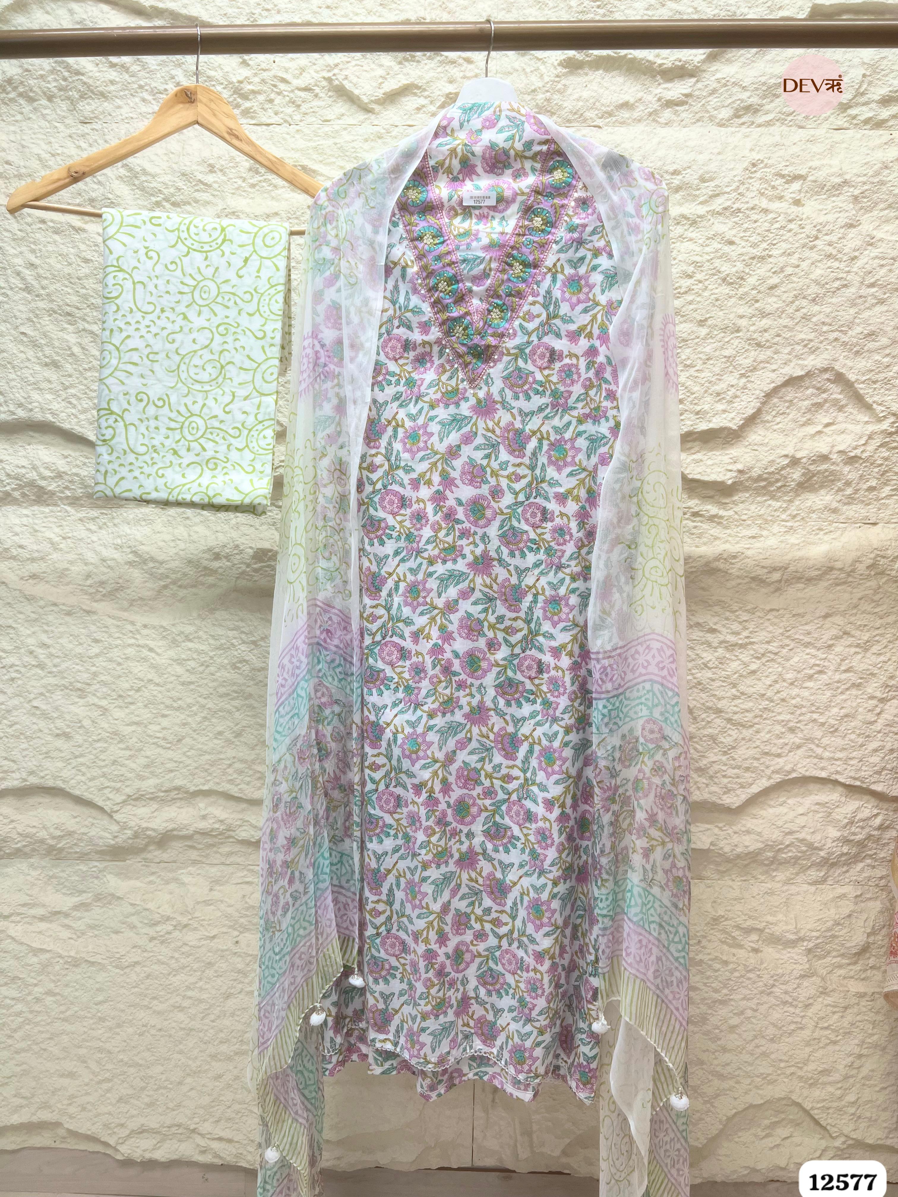 White Pure Cotton Floral Embroidered Unstitched 3-Piece Suit (Devri – D.No 12577)
