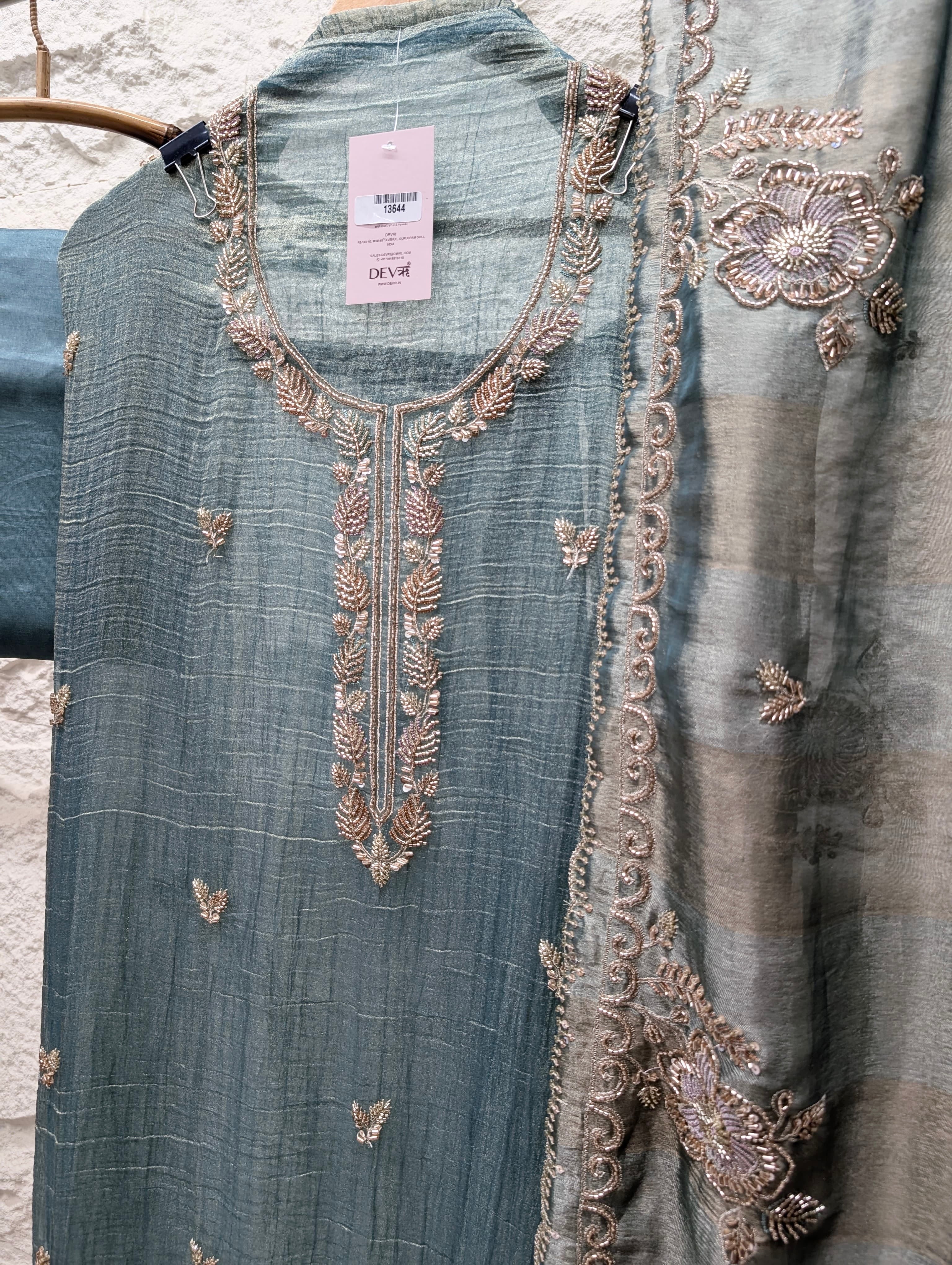 Teal Tissue Crush Silk Embroidered Unstitched 3-Piece Suit (Devri – D.No 13644)