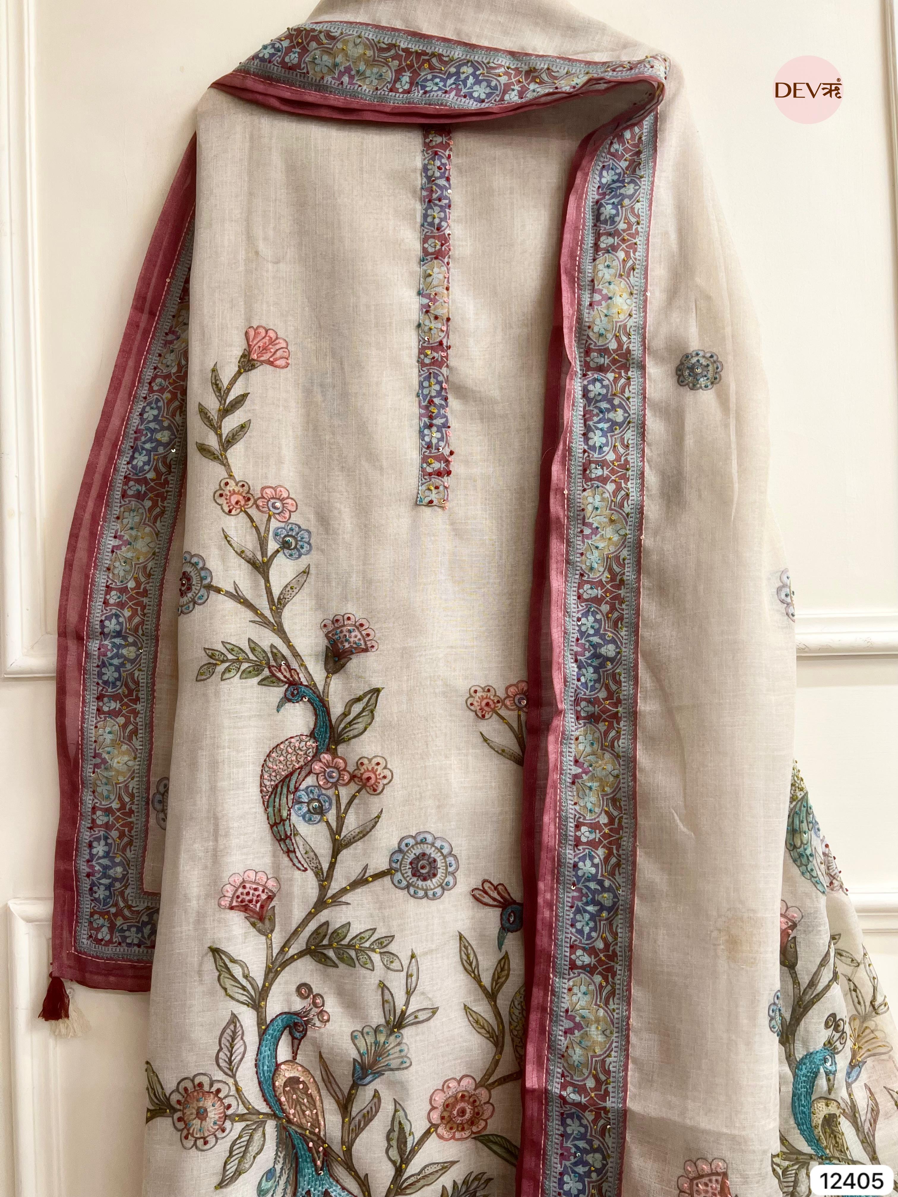 Beige Pure Linen Cotton Printed Unstitched 3-Piece Suit (Devri – D.No 12405).