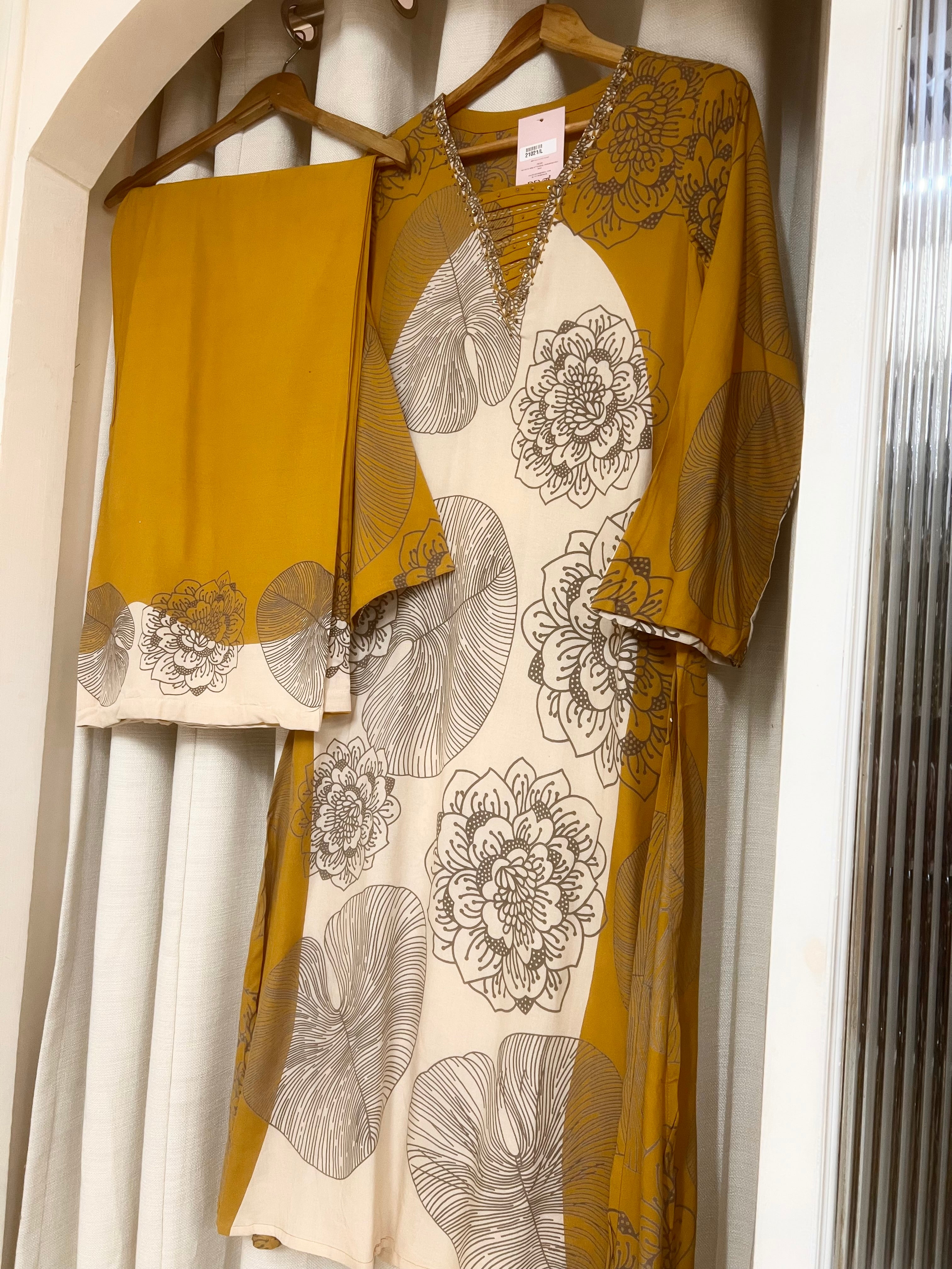 Gulnaar German reyon Printed Mustard 2-Piece Set (Devri – D.No 21021)