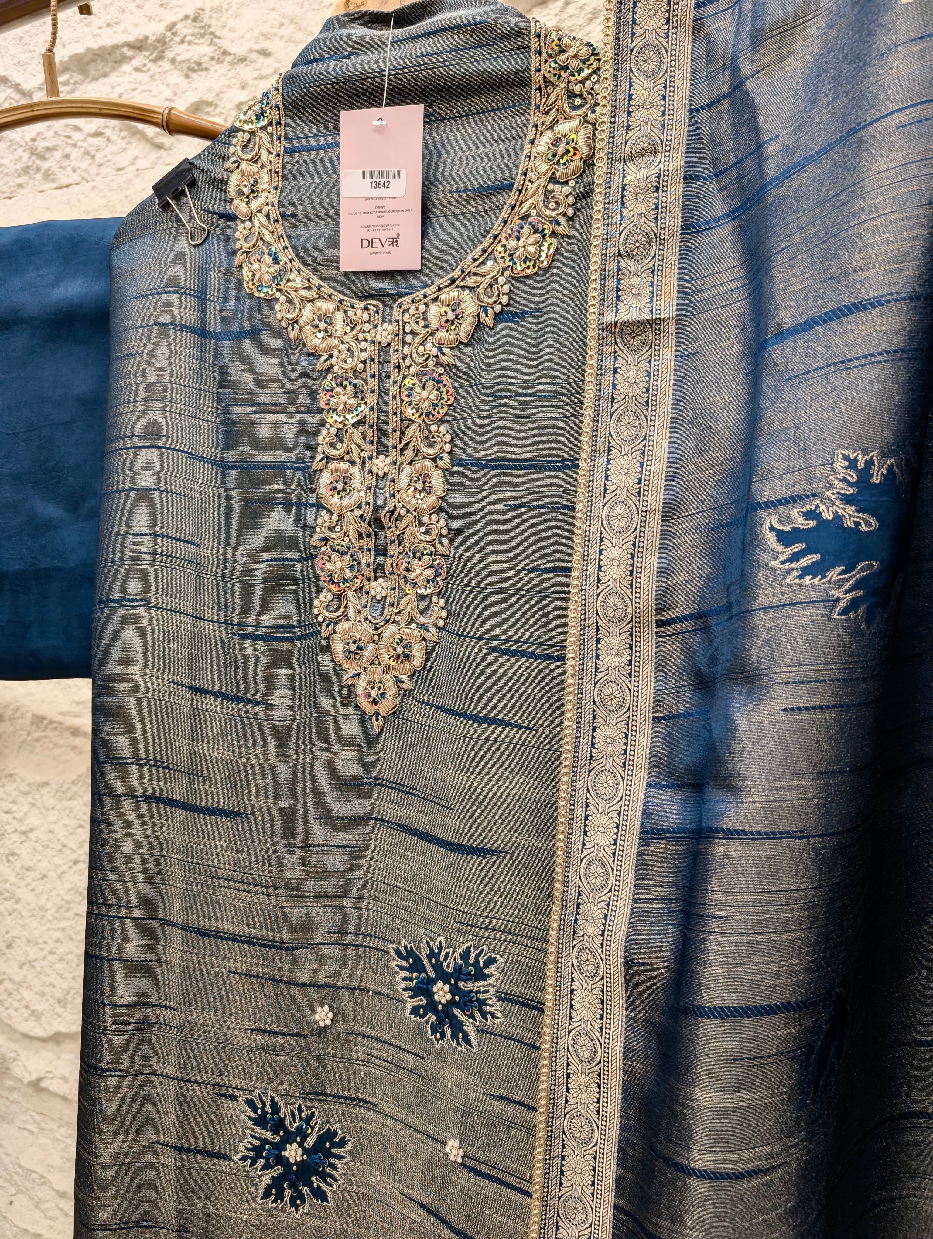 Blue Pure Girafe Banarasi Silk Embroidered Unstitched 3-Piece Suit (Devri – D.No 13642)