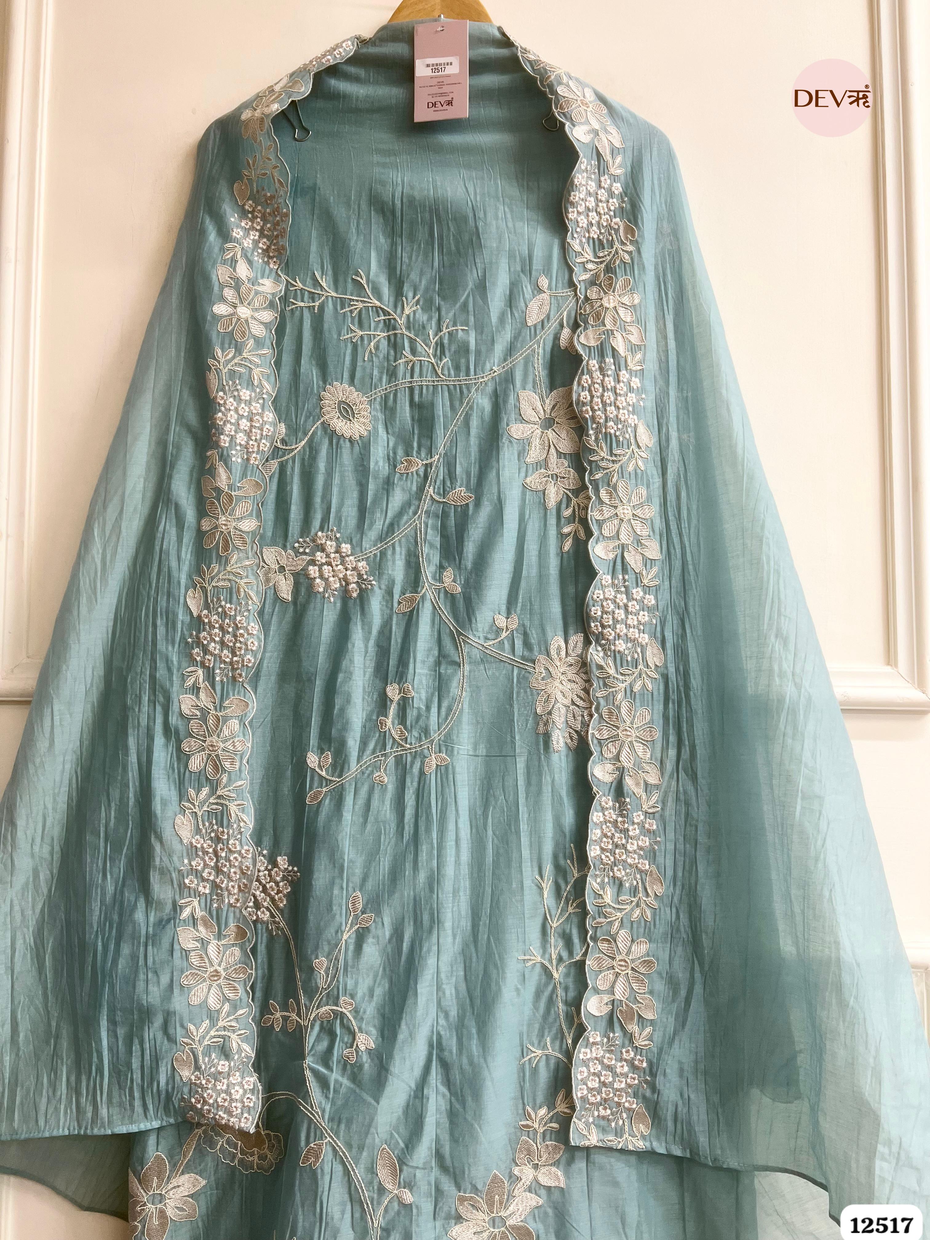 teal Mul Cotton Embroidered Unstitched 3-Piece Suit (Devri – D.No 12517)