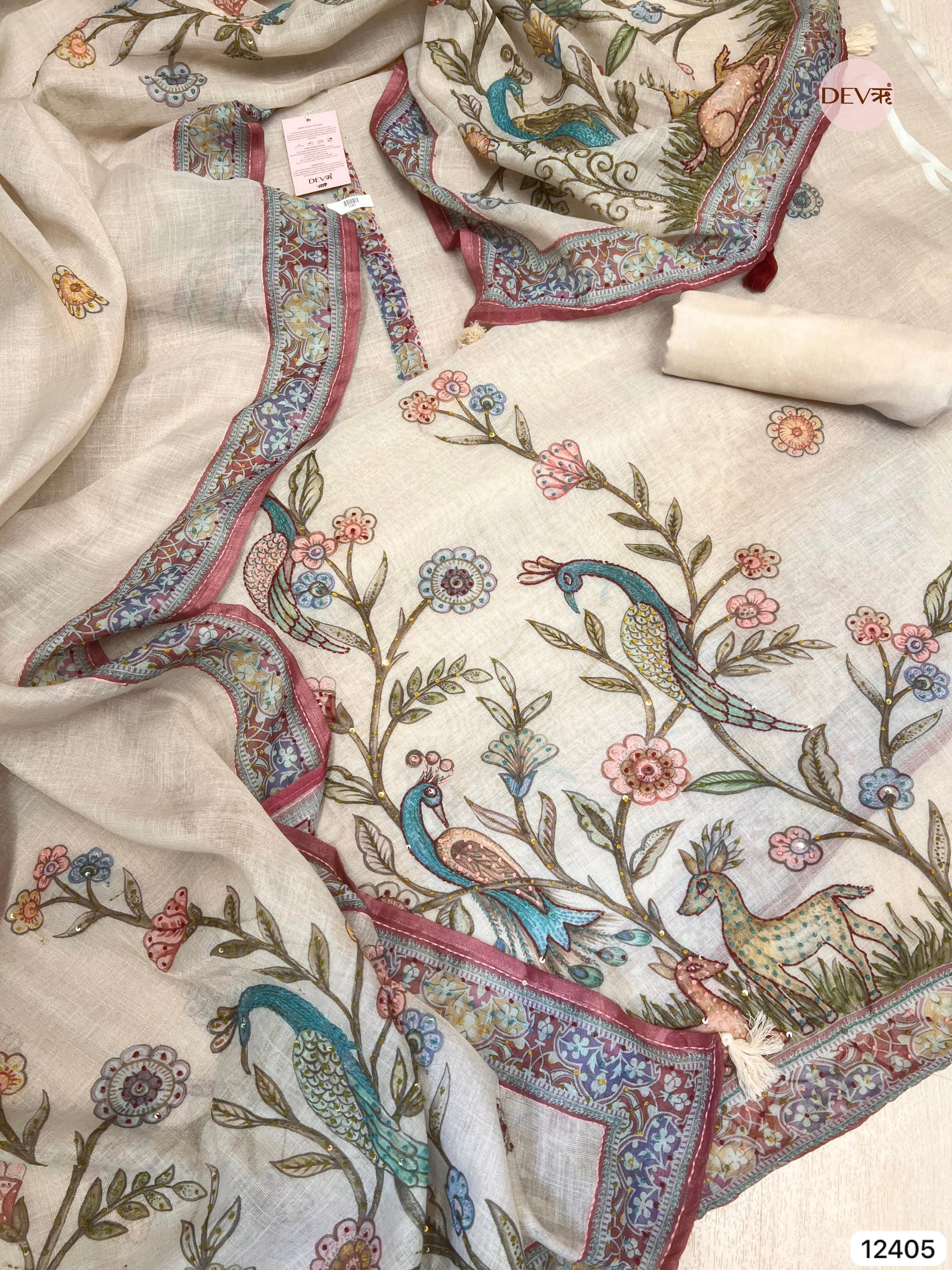 Beige Pure Linen Cotton Printed Unstitched 3-Piece Suit (Devri – D.No 12405).