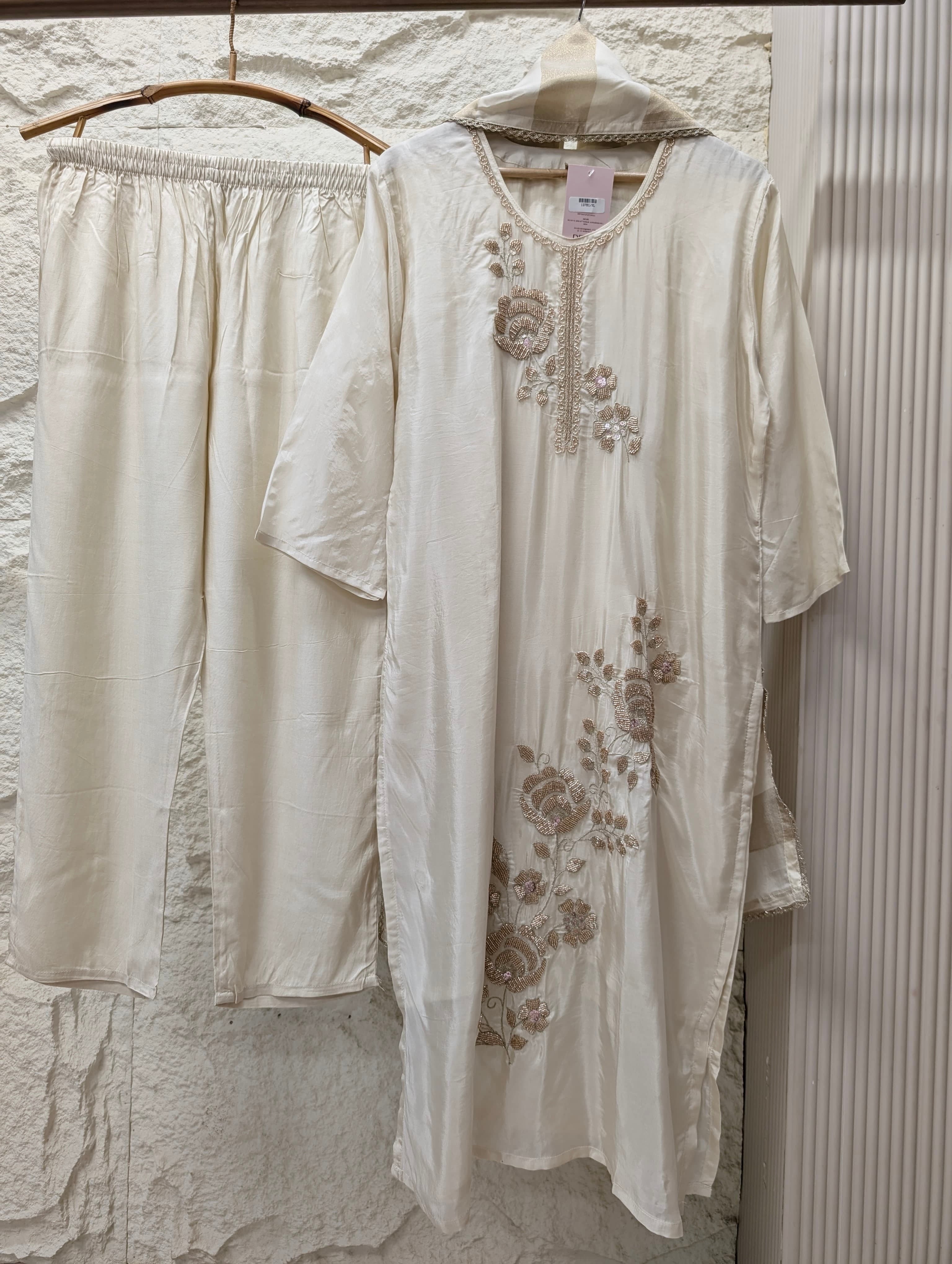 Gulnaar Tissue silk blend Embroidered Ivory 3-Piece Set (Devri – D.No 13701)