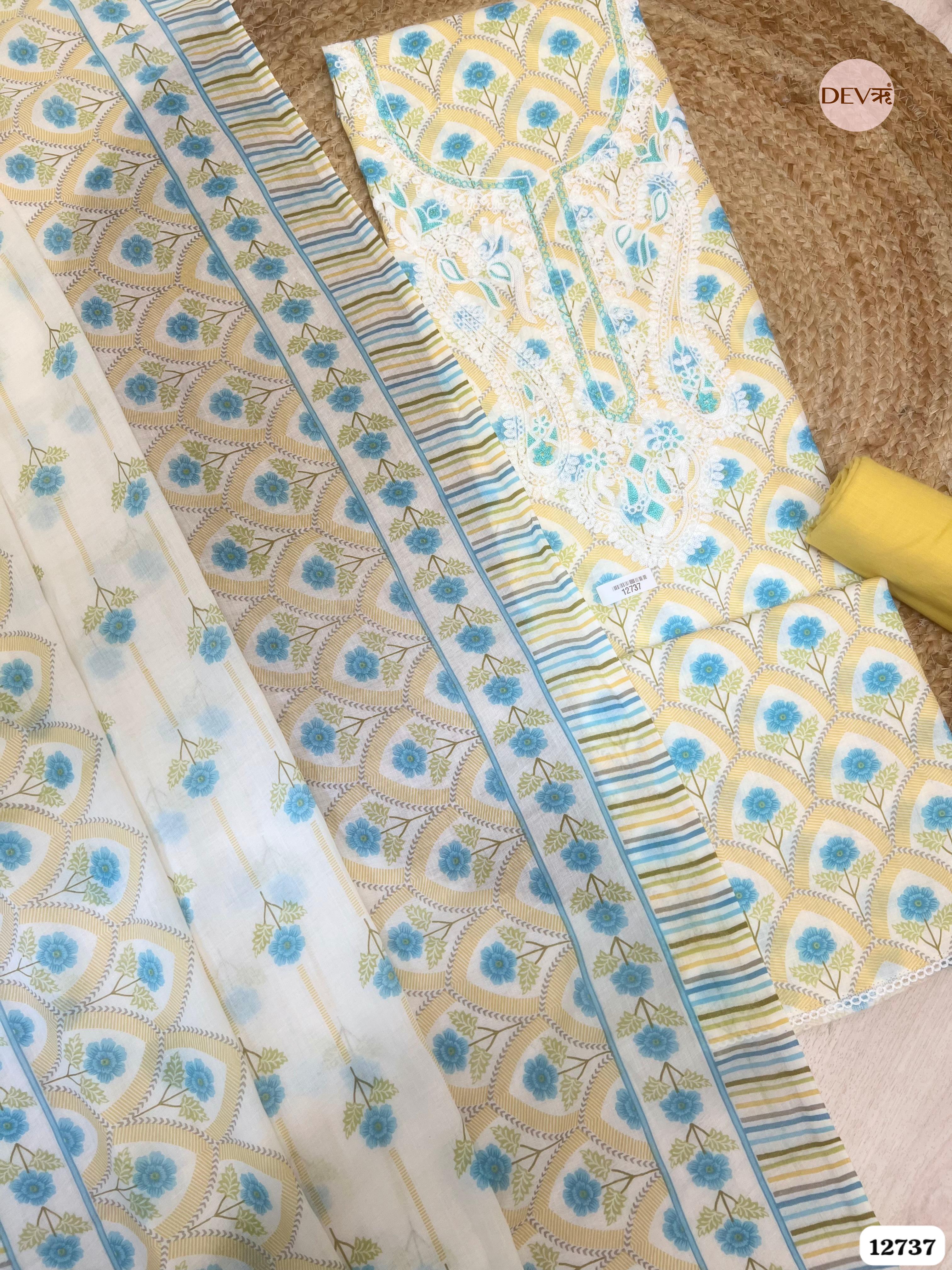 Yellow Cotton Embroidered Unstitched 3-Piece Suit (Devri – D.No 12737)