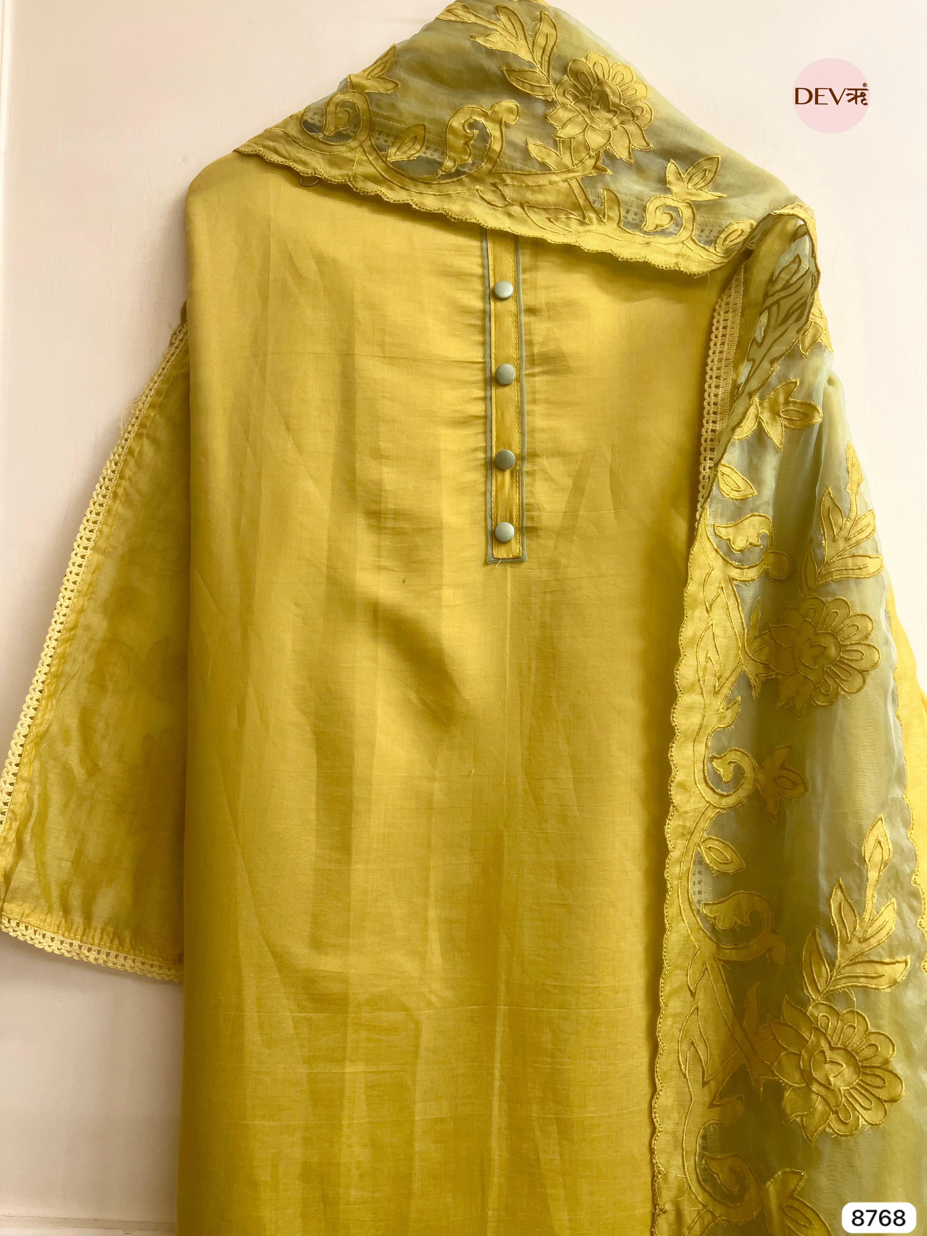 Mustard Yellow Modal Silk Embroidered Unstitched 3-Piece Suit (Devri – D.No 8768)