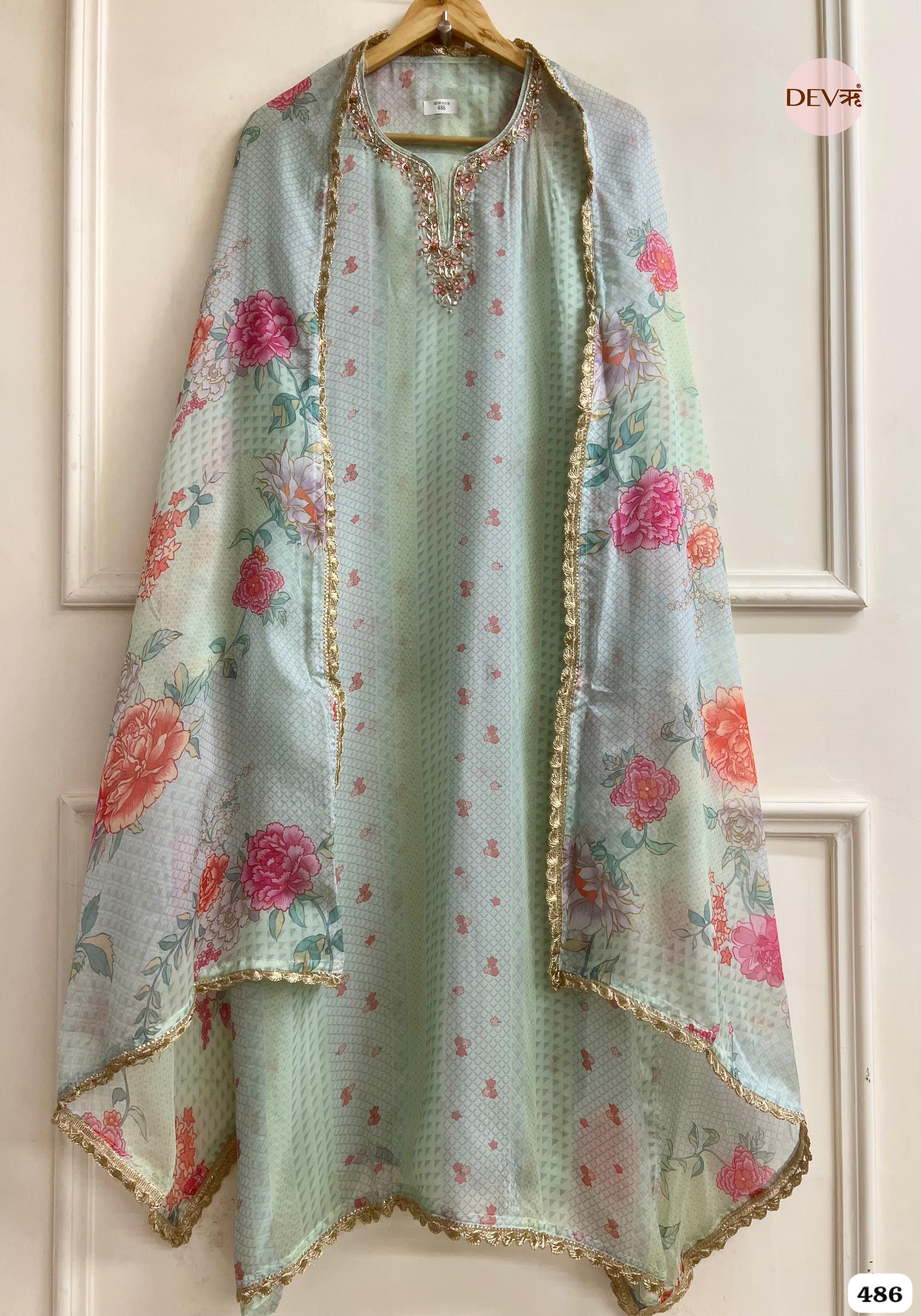 Mint Organza Silk Printed &amp; Embroidered Unstitched 3-Piece Suit (Devri – D.No. 486)