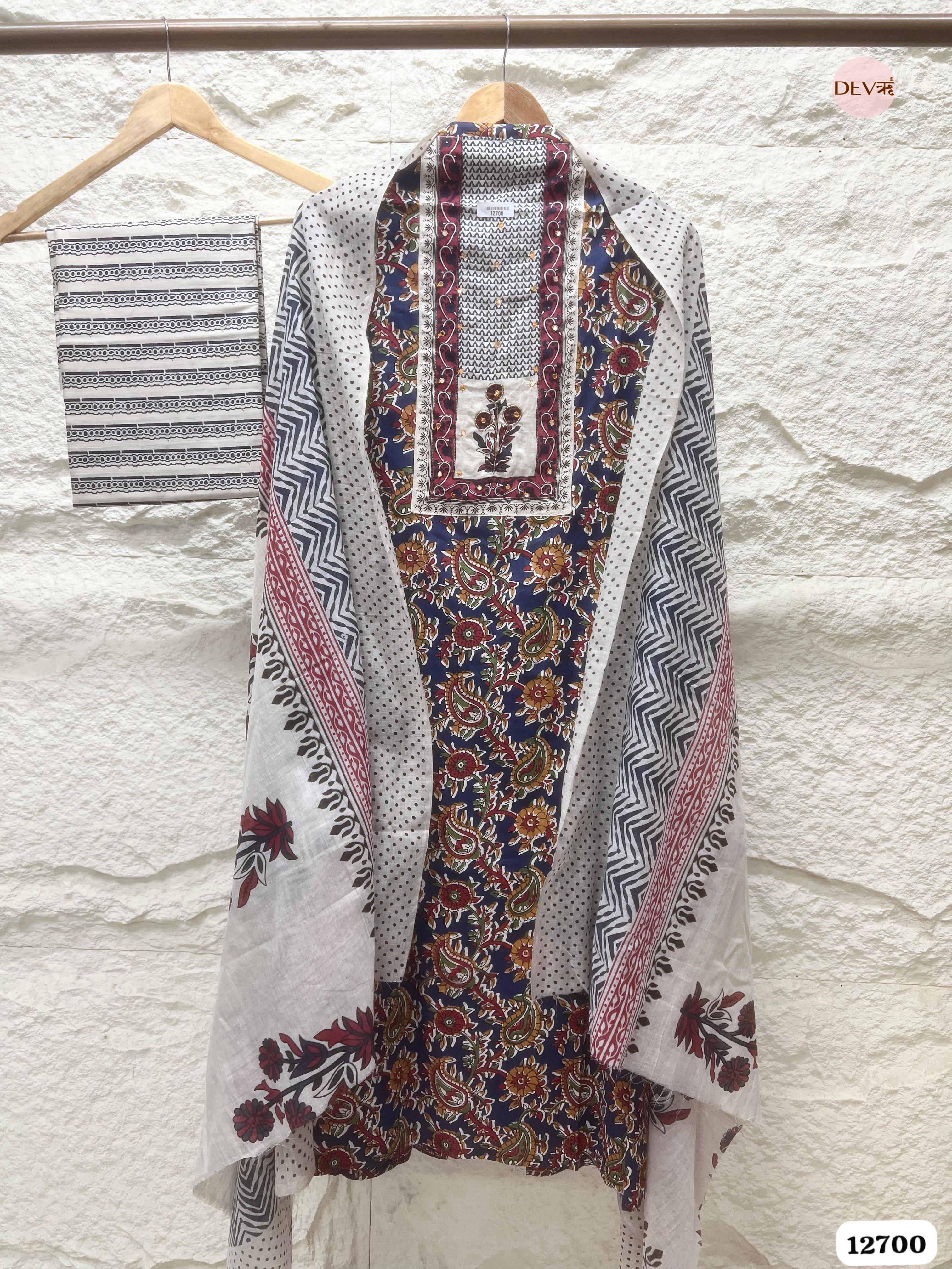 Red White Cotton Printed Unstitched 3-Piece Suit (Devri – D.No 12700)