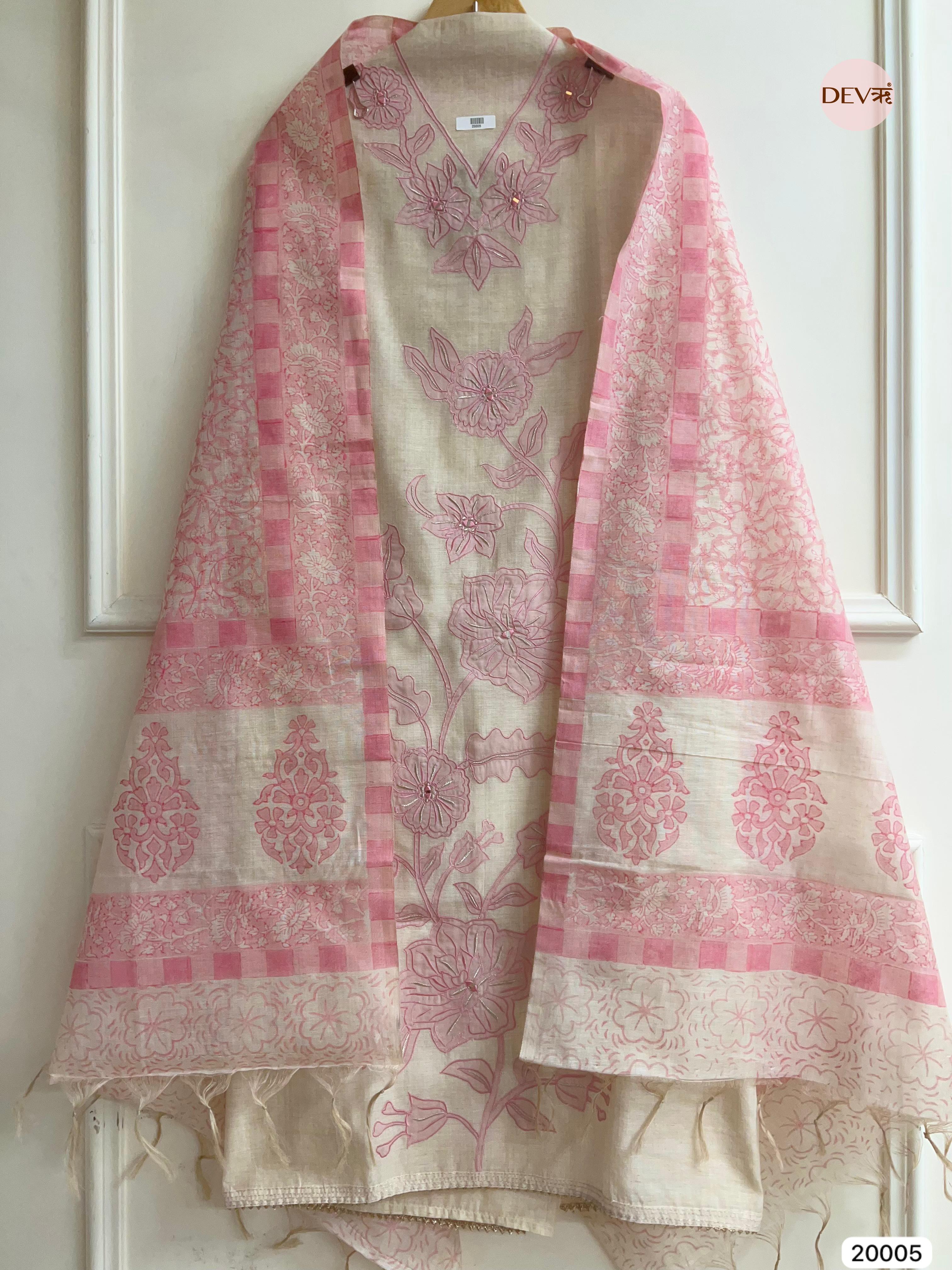 Beby pink Pure Linen Cotton Embroidered Unstitched 3-Piece Suit (Devri – D.No 20005)