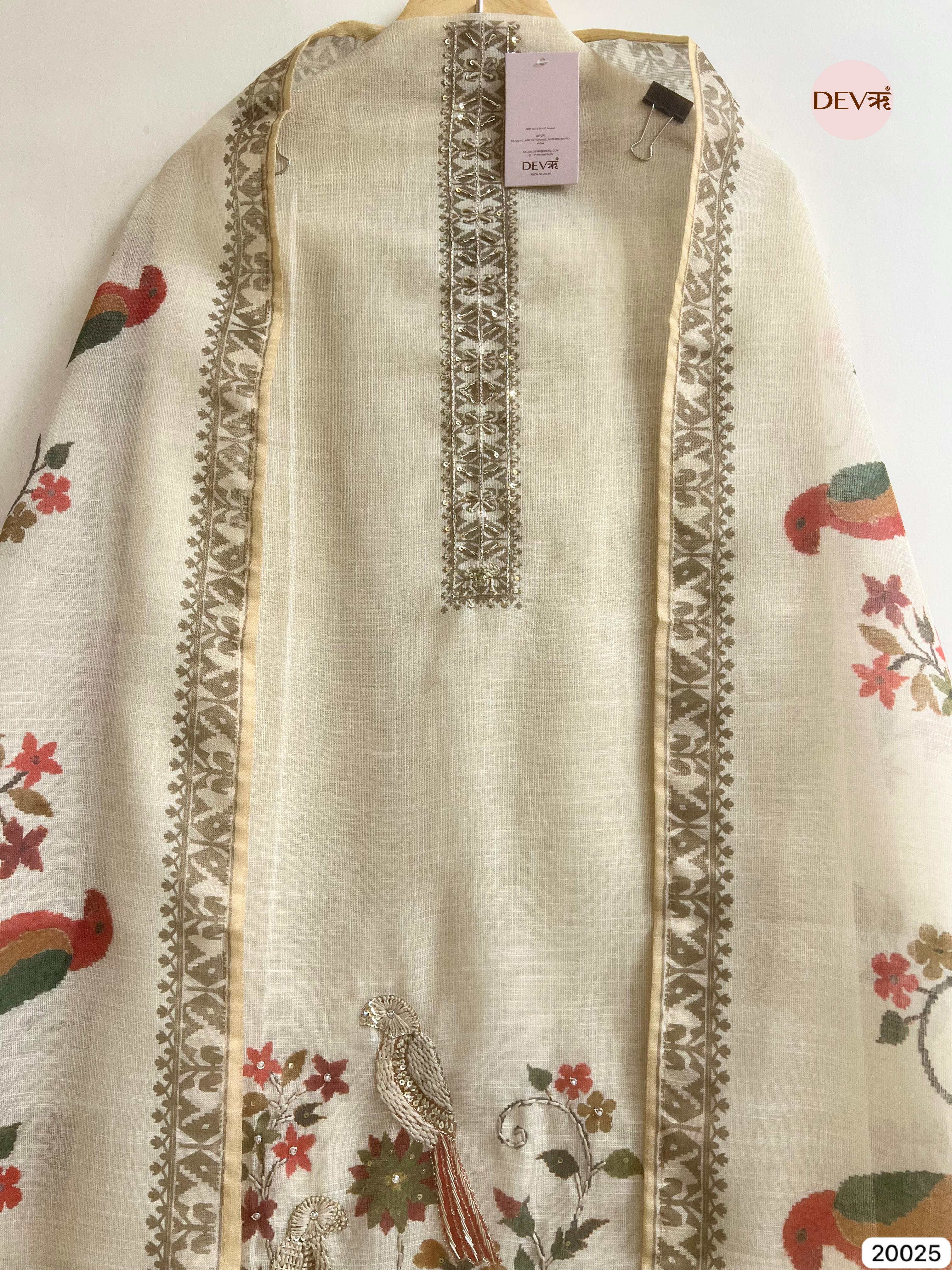 Ivory Linen Cotton Embroidered Unstitched 3-Piece Suit (Devri – D.No 20025