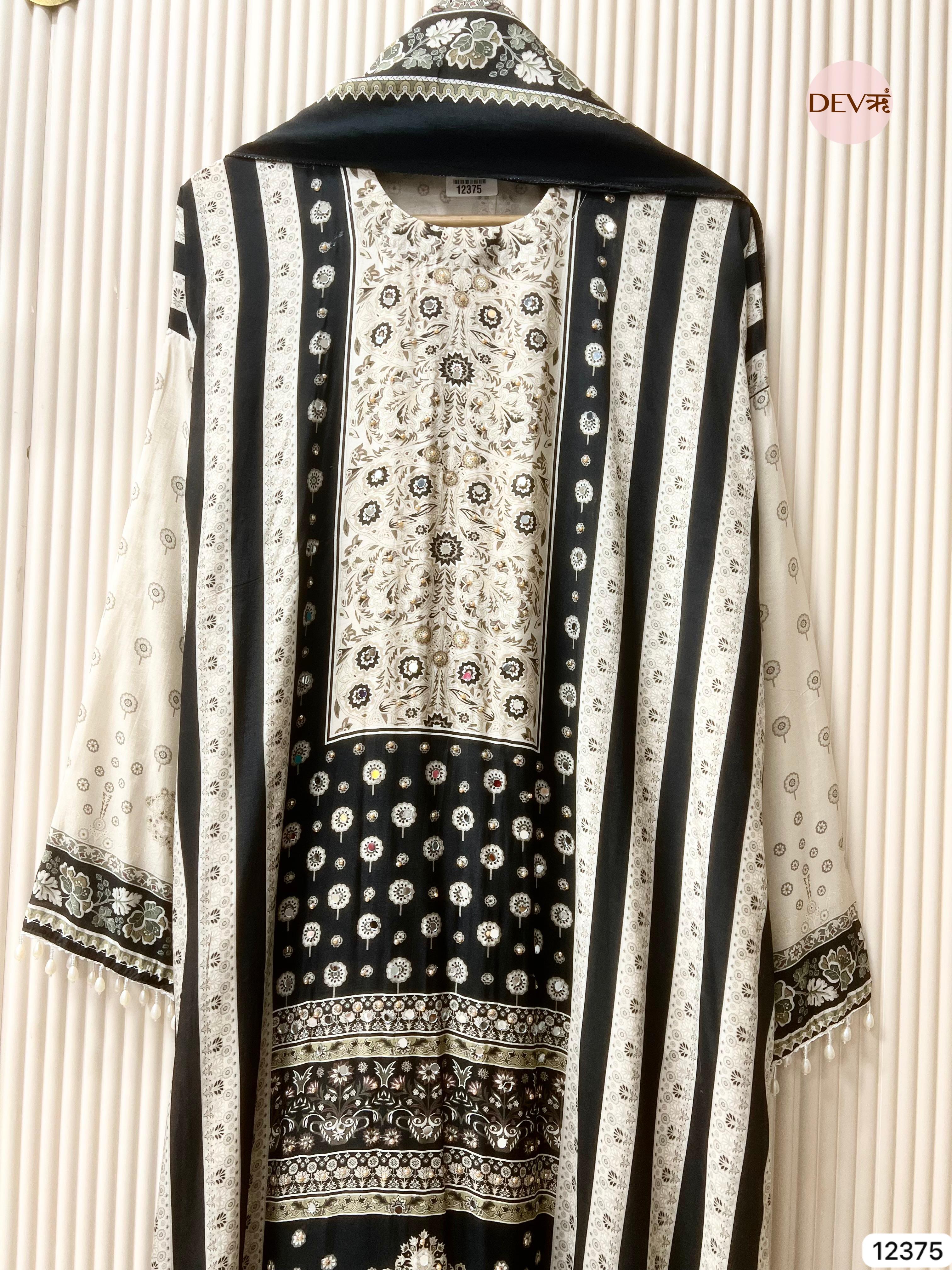 Black Muslin Printed Unstitched 3-Piece Suit (Devri – D.No 12375)