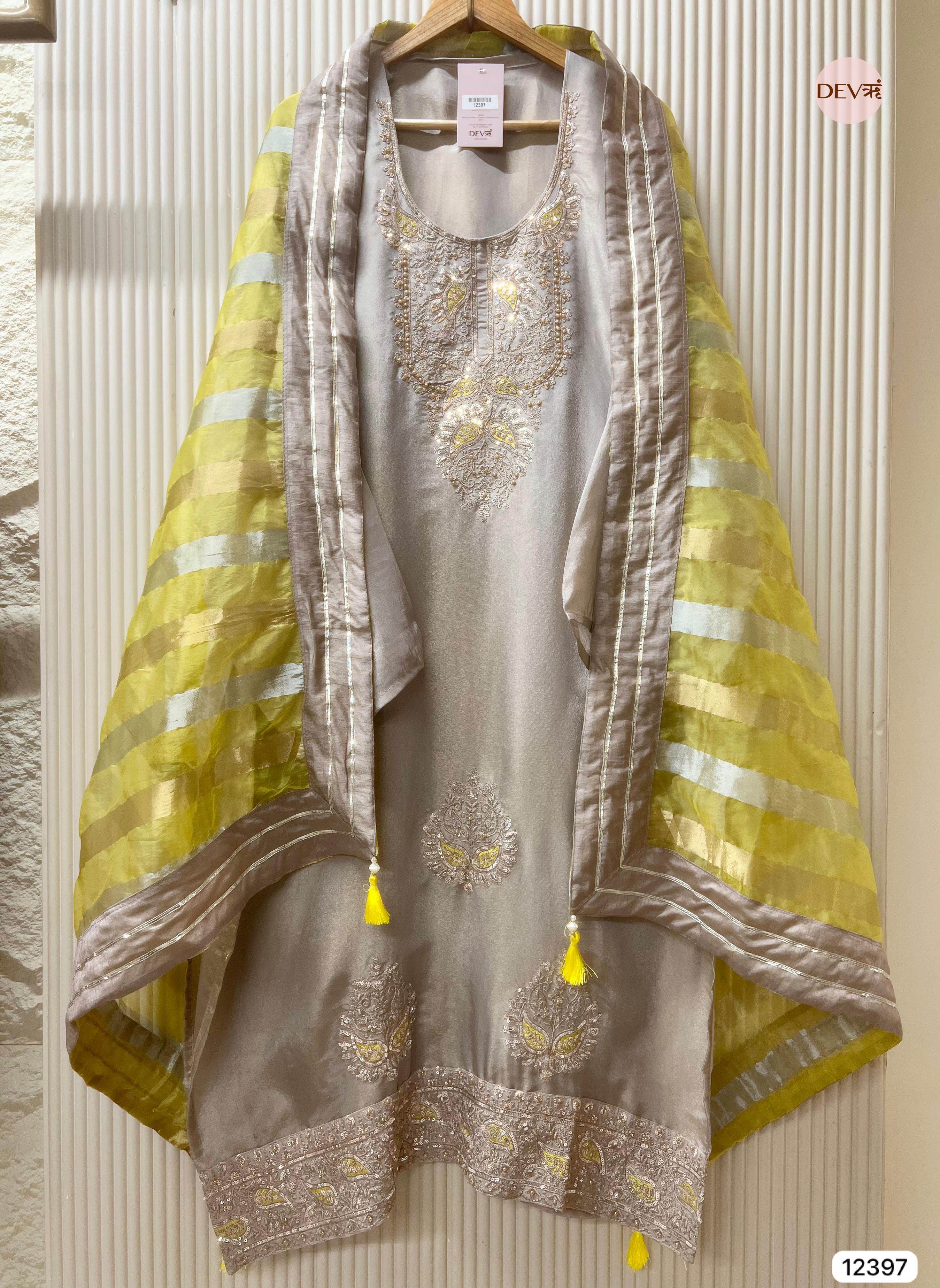 Soft Grey Shimmer Silk Embroidered Unstitched 3-Piece Suit (Devri – D.No 12397)